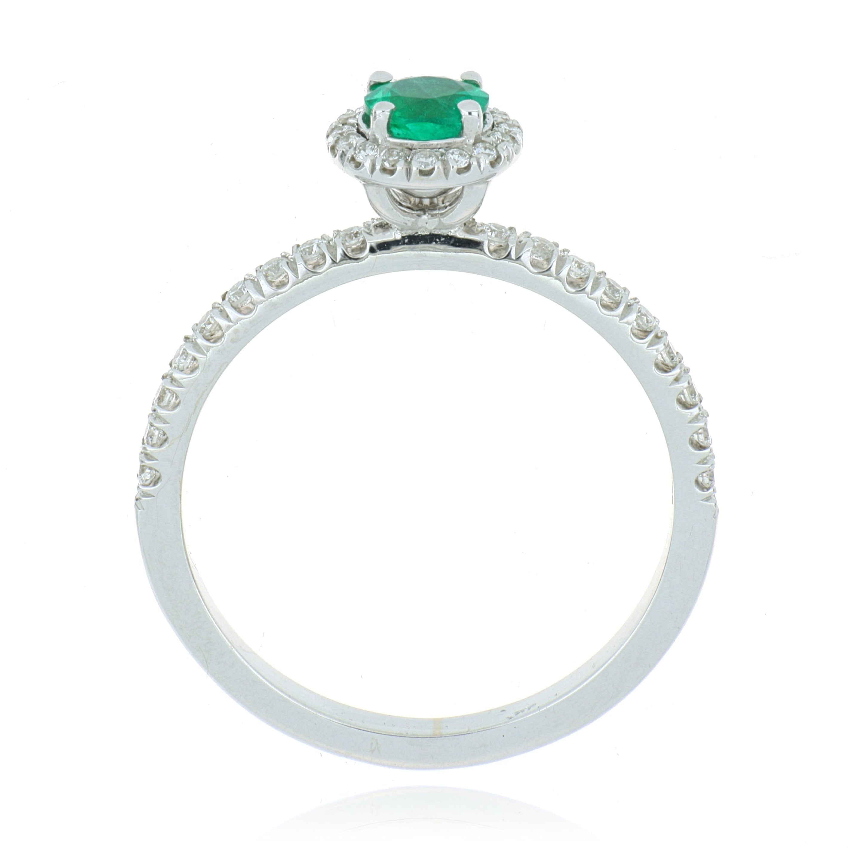 18k White Gold Emerald and Diamond Halo Ring