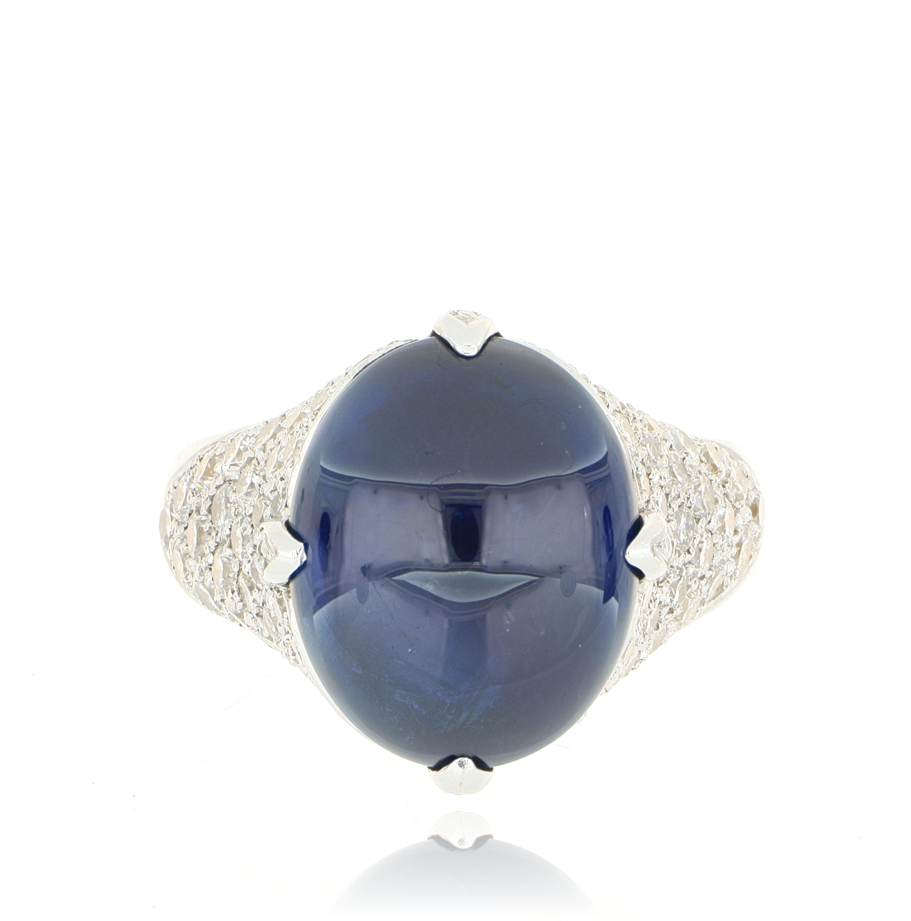 18k White Gold Blue Cabochon Sapphire Ring with Diamonds