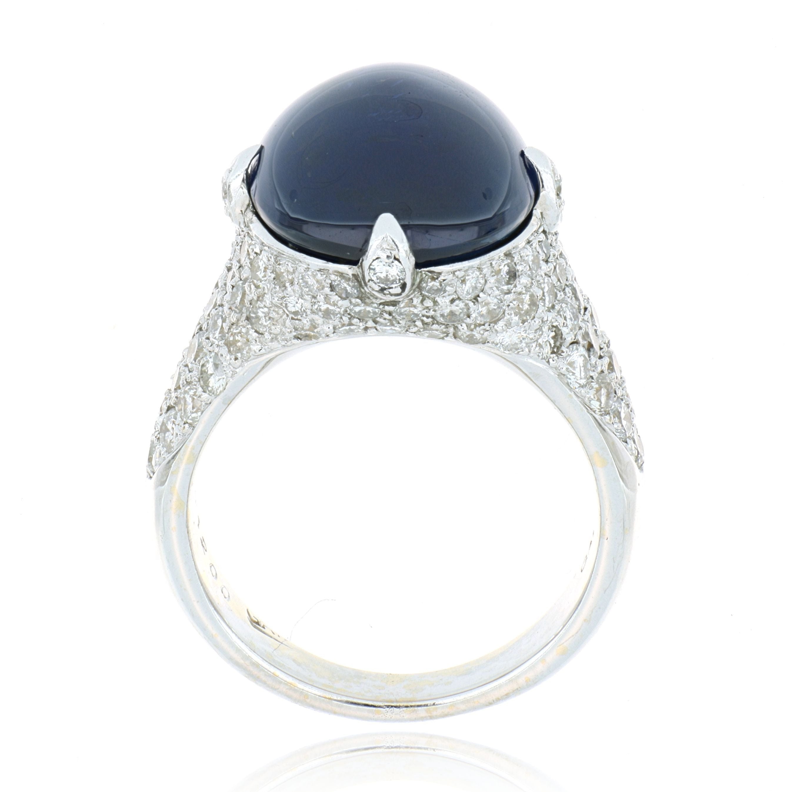 18k White Gold Blue Cabochon Sapphire Ring with Diamonds - Charles Koll Jewelers