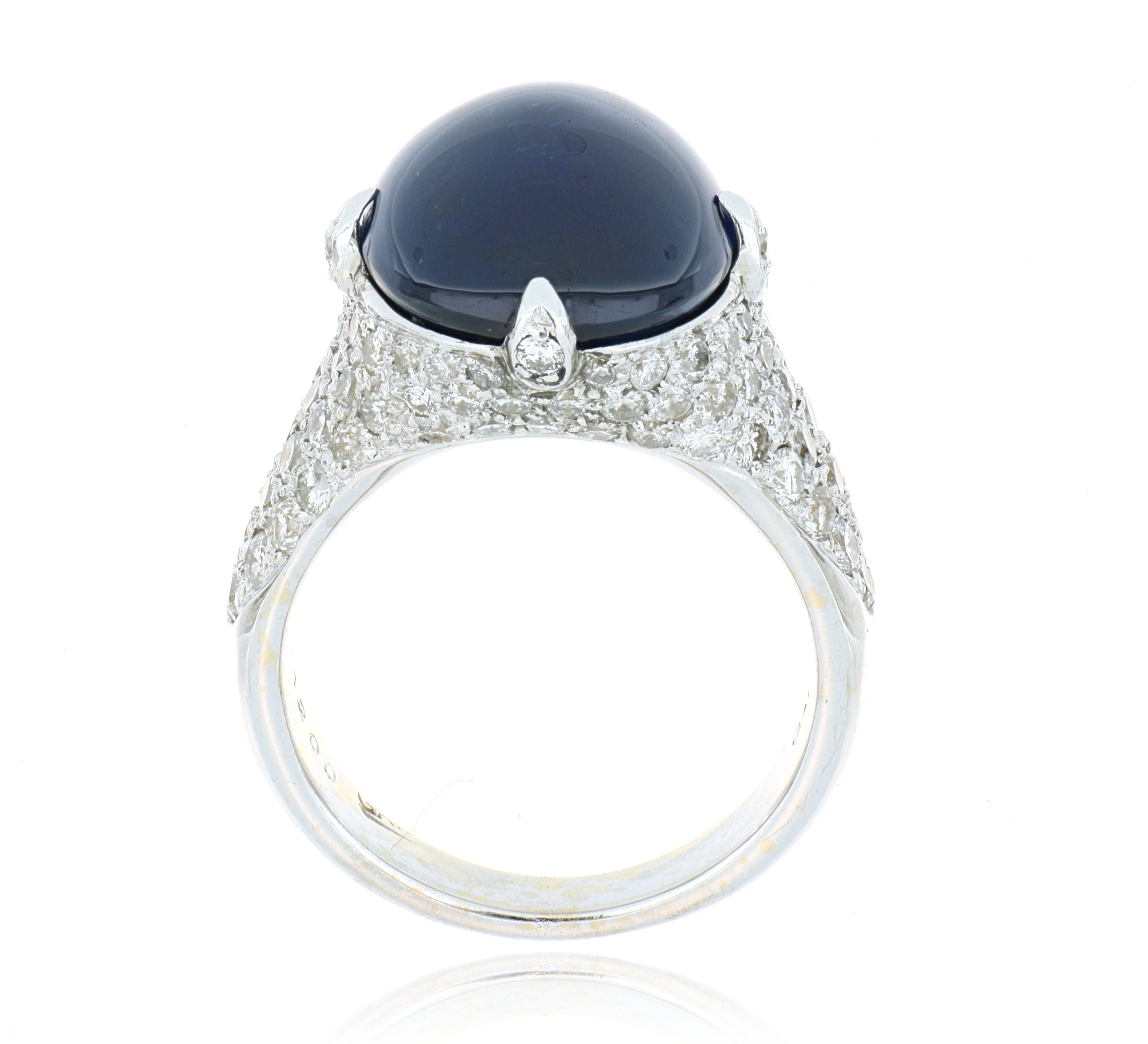 18k White Gold Blue Cabochon Sapphire Ring with Diamonds - Charles Koll Jewelers