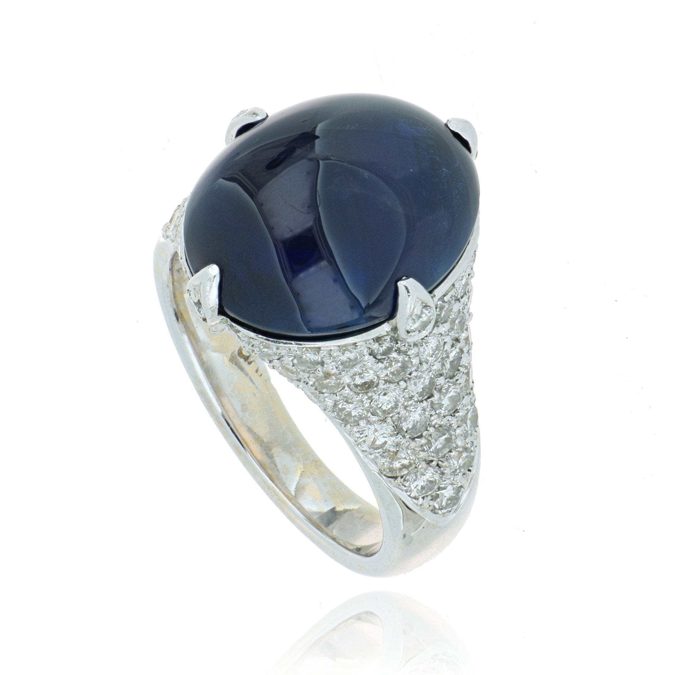 18k White Gold Blue Cabochon Sapphire Ring with Diamonds - Charles Koll Jewelers