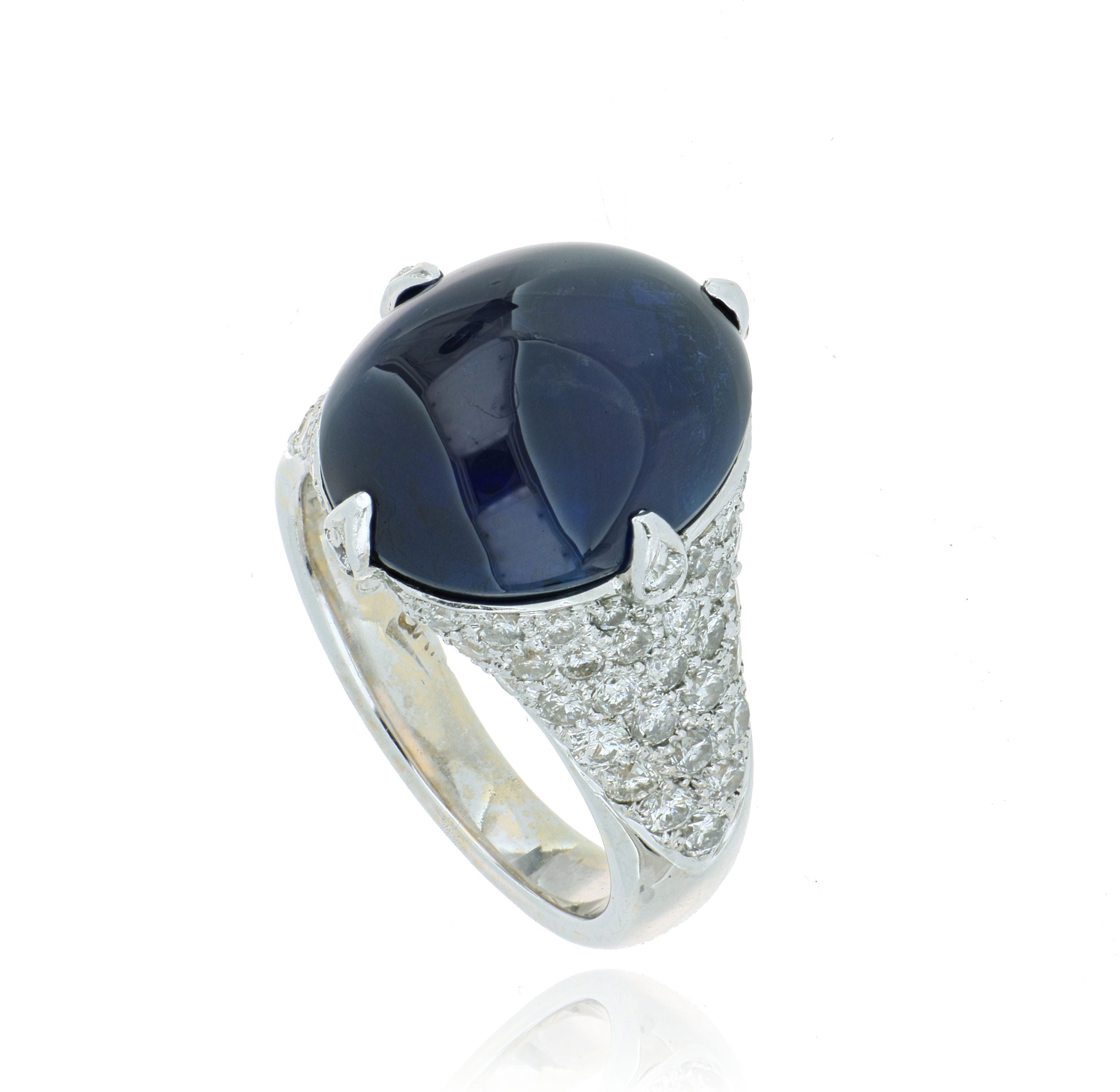 18k White Gold Blue Cabochon Sapphire Ring with Diamonds - Charles Koll Jewelers