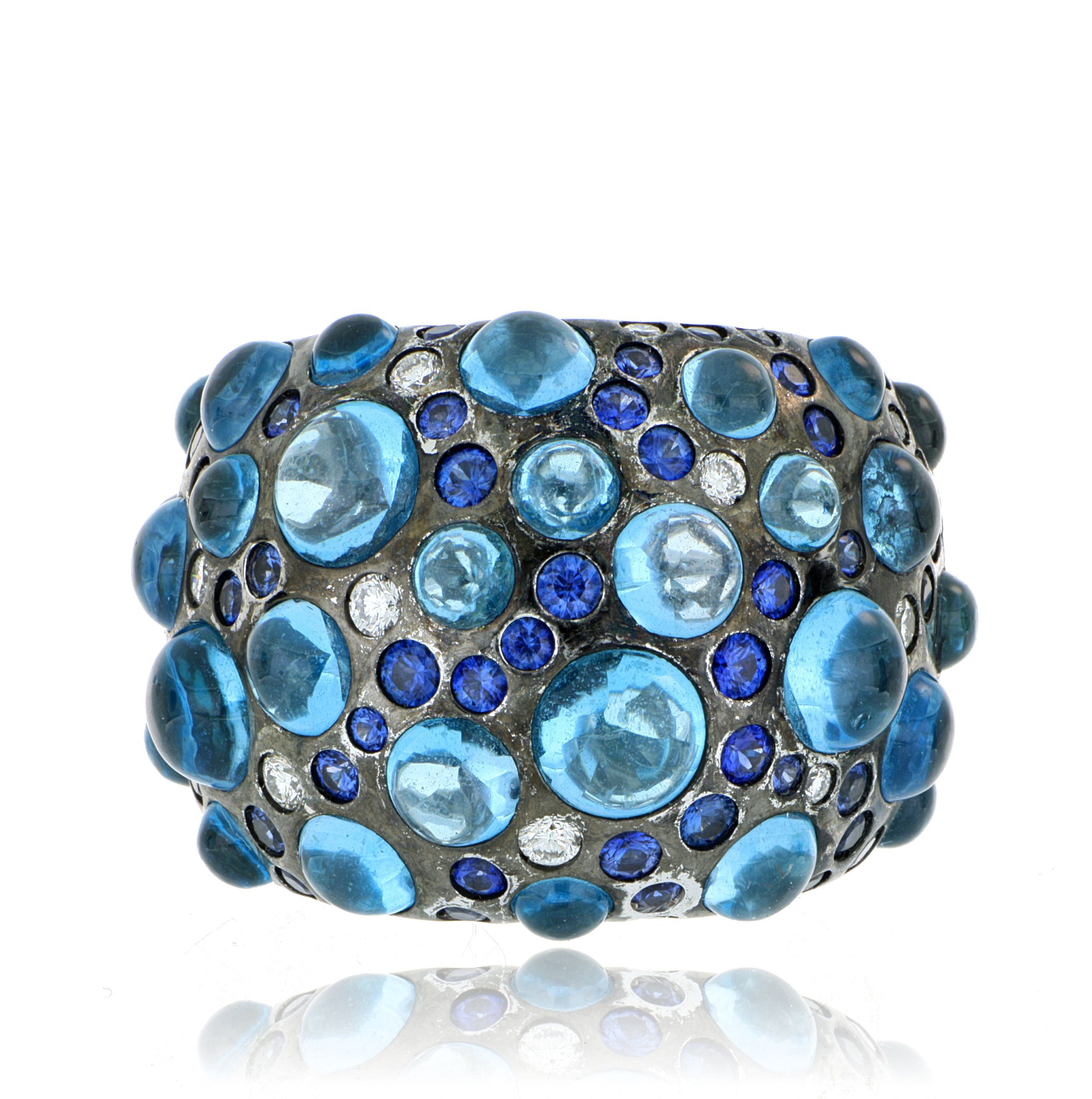 18k White Gold Blue Sapphire, Blue Topaz and White Diamond Accented Cocktail ring