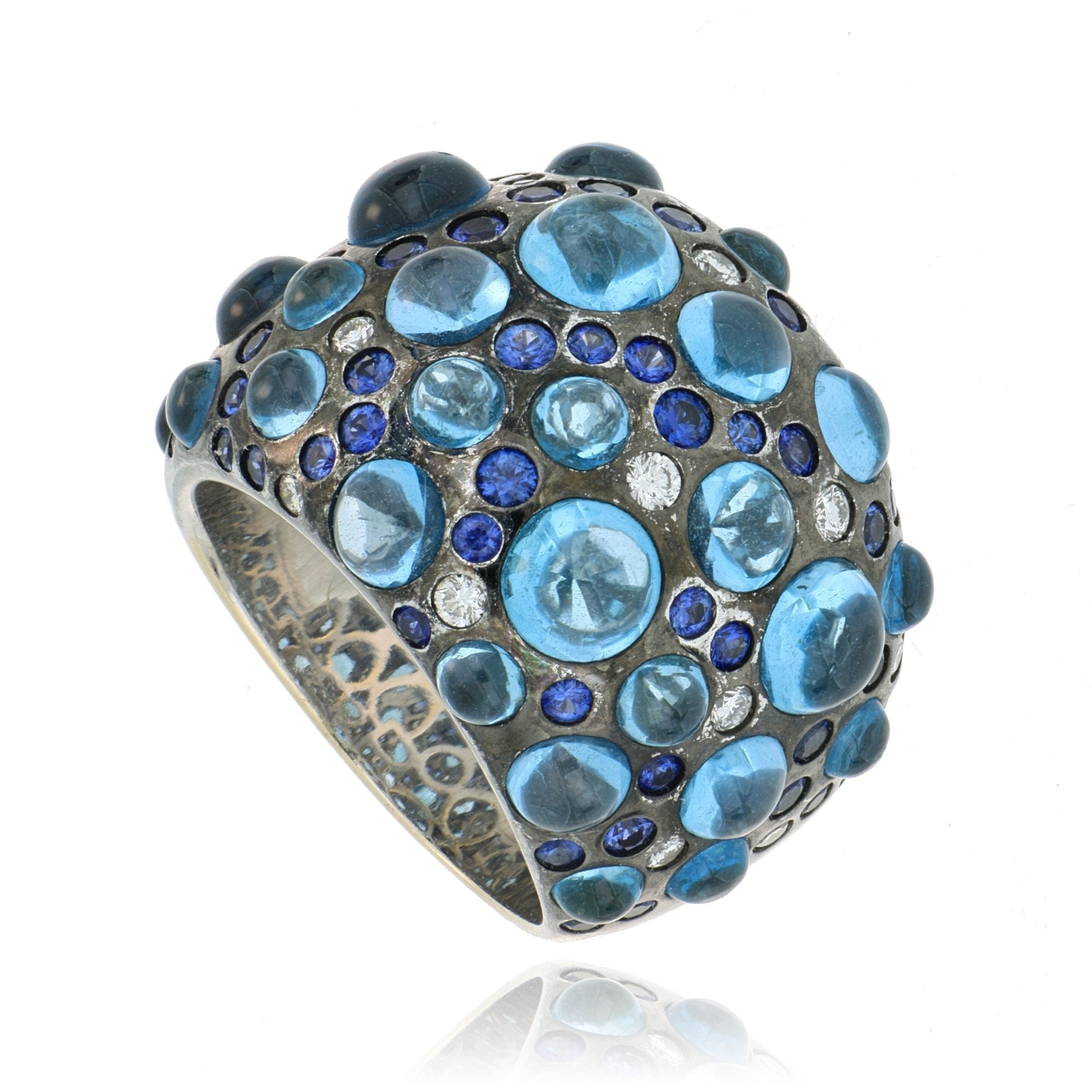 18k White Gold Blue Sapphire, Blue Topaz and White Diamond Accented Cocktail ring - Charles Koll Jewelers