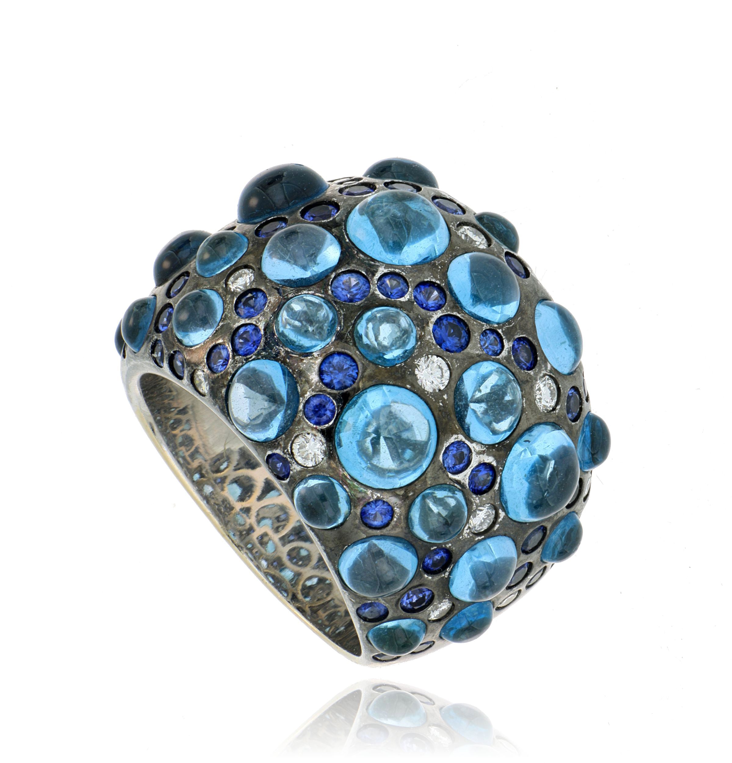 18k White Gold Blue Sapphire, Blue Topaz and White Diamond Accented Cocktail ring