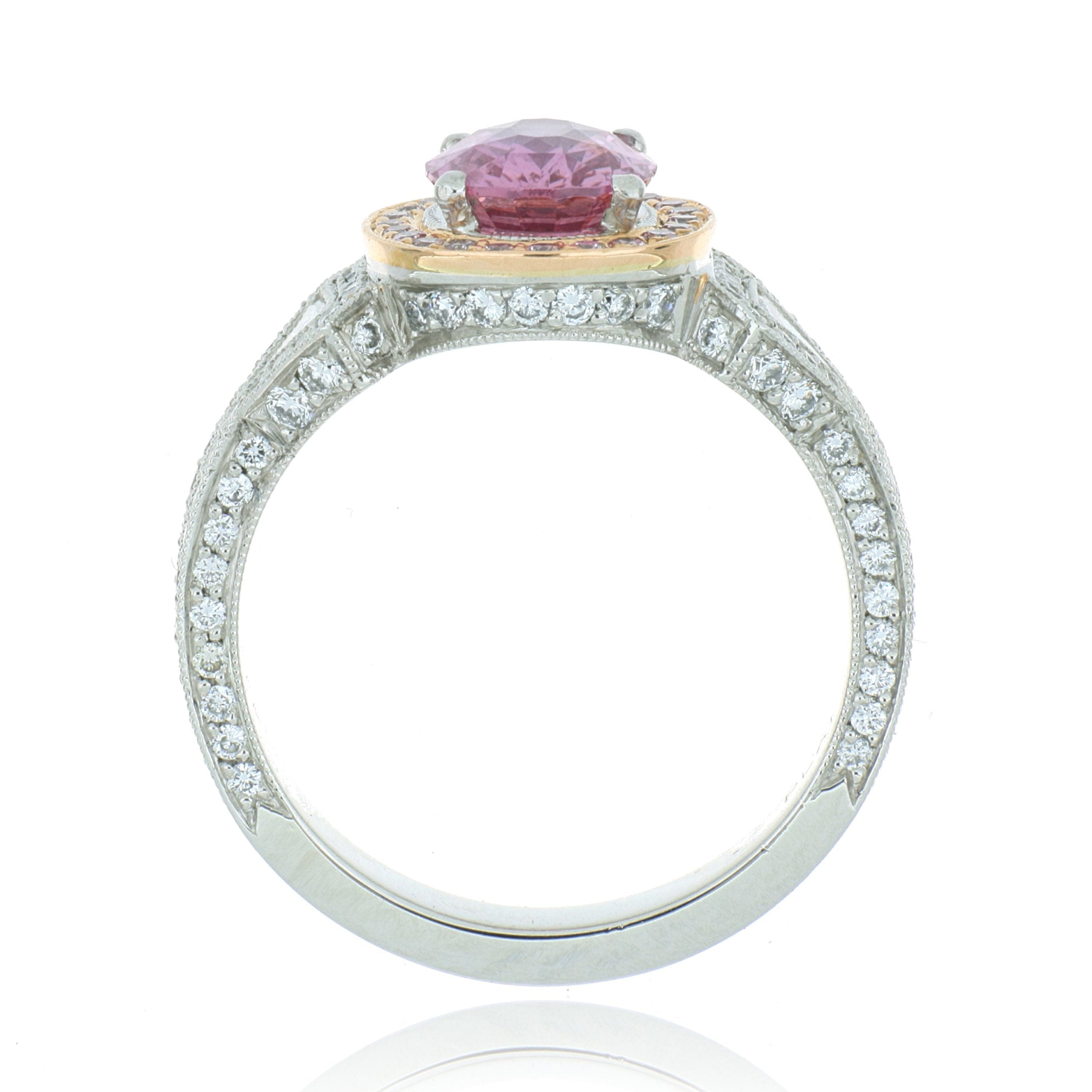 Platinum and 18k Rose Gold Vintage Style Pink Sapphire and Diamond Ring