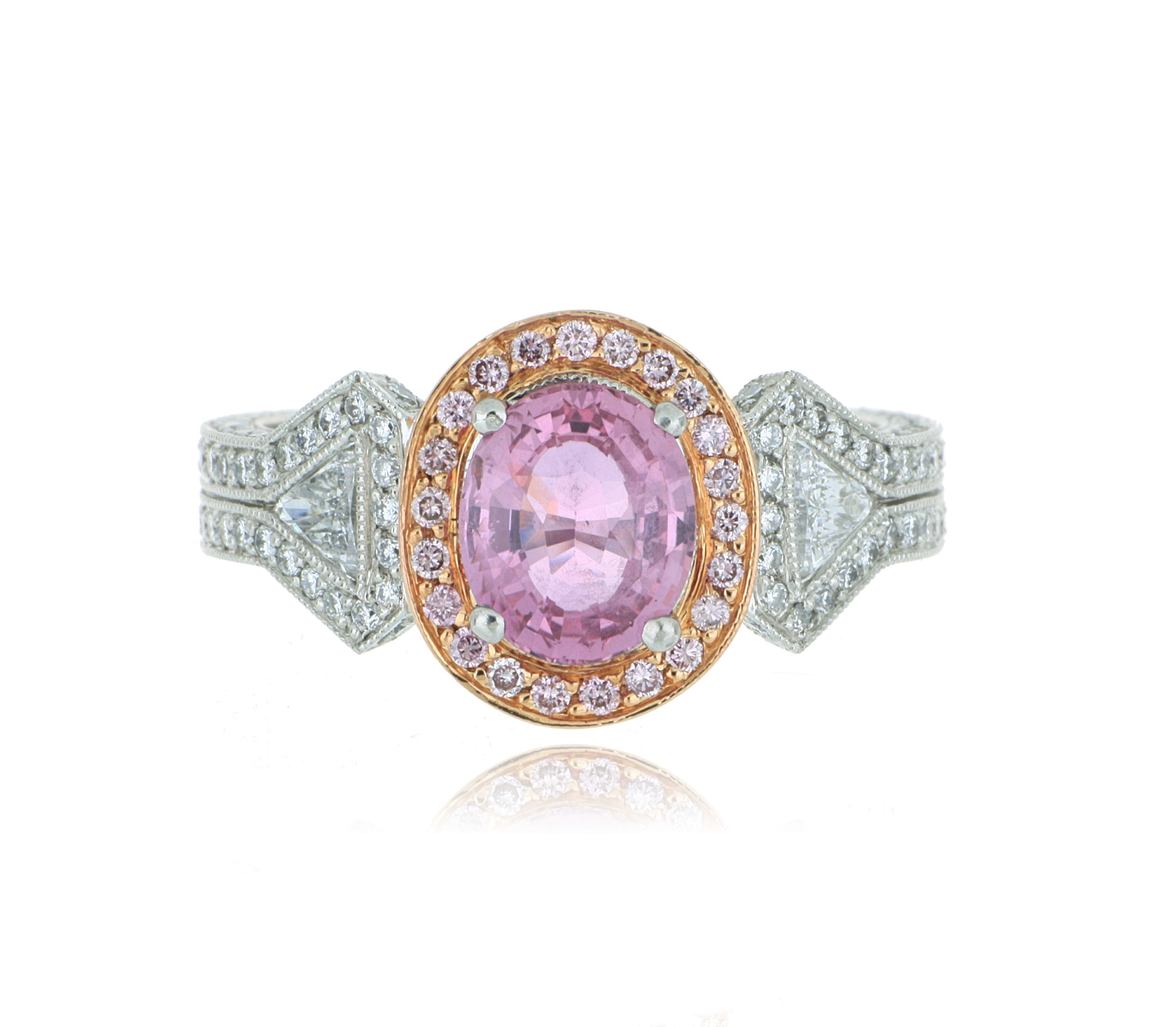 Platinum and 18k Rose Gold Vintage Style Pink Sapphire and Diamond Ring