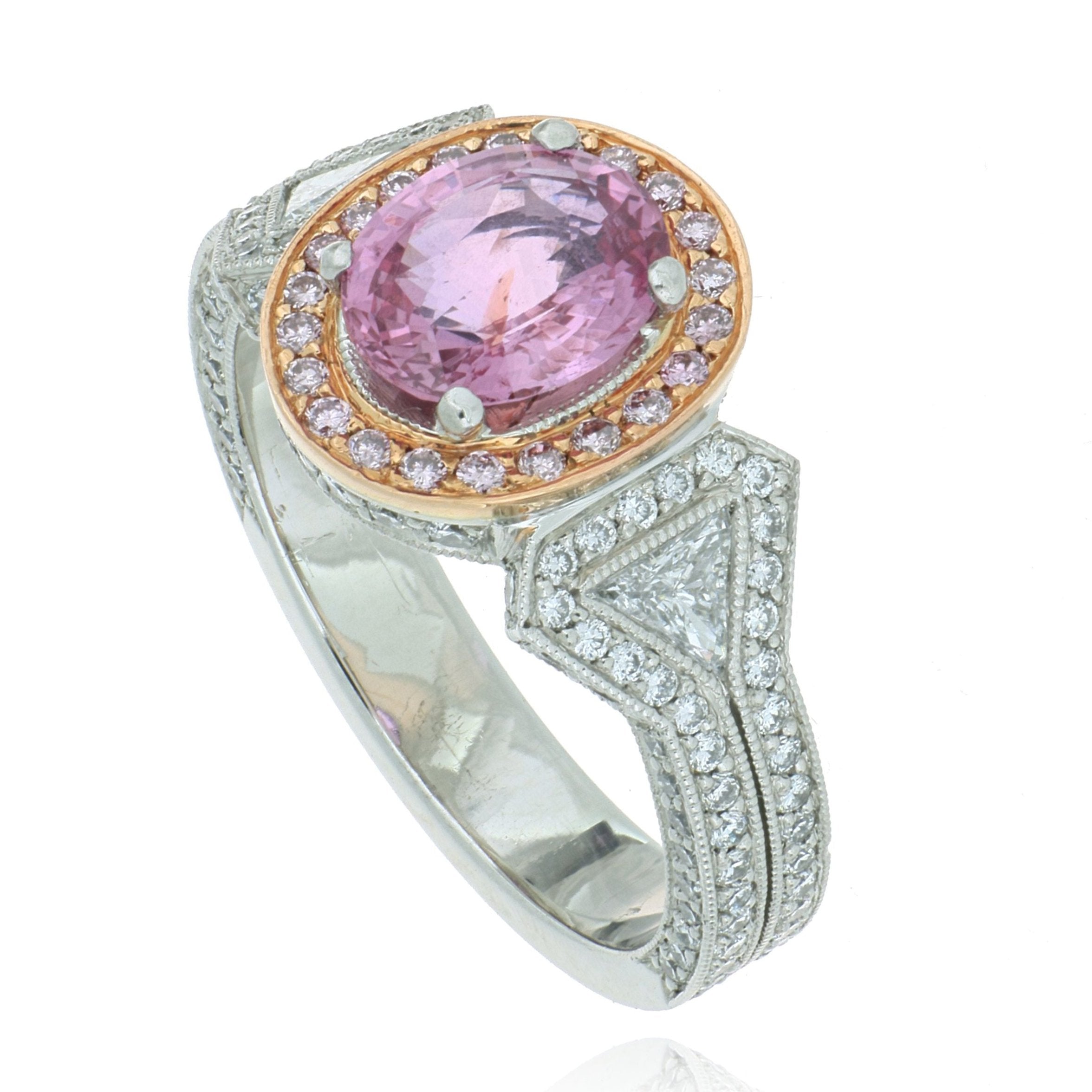 Platinum and 18k Rose Gold Vintage Style Pink Sapphire and Diamond Ring