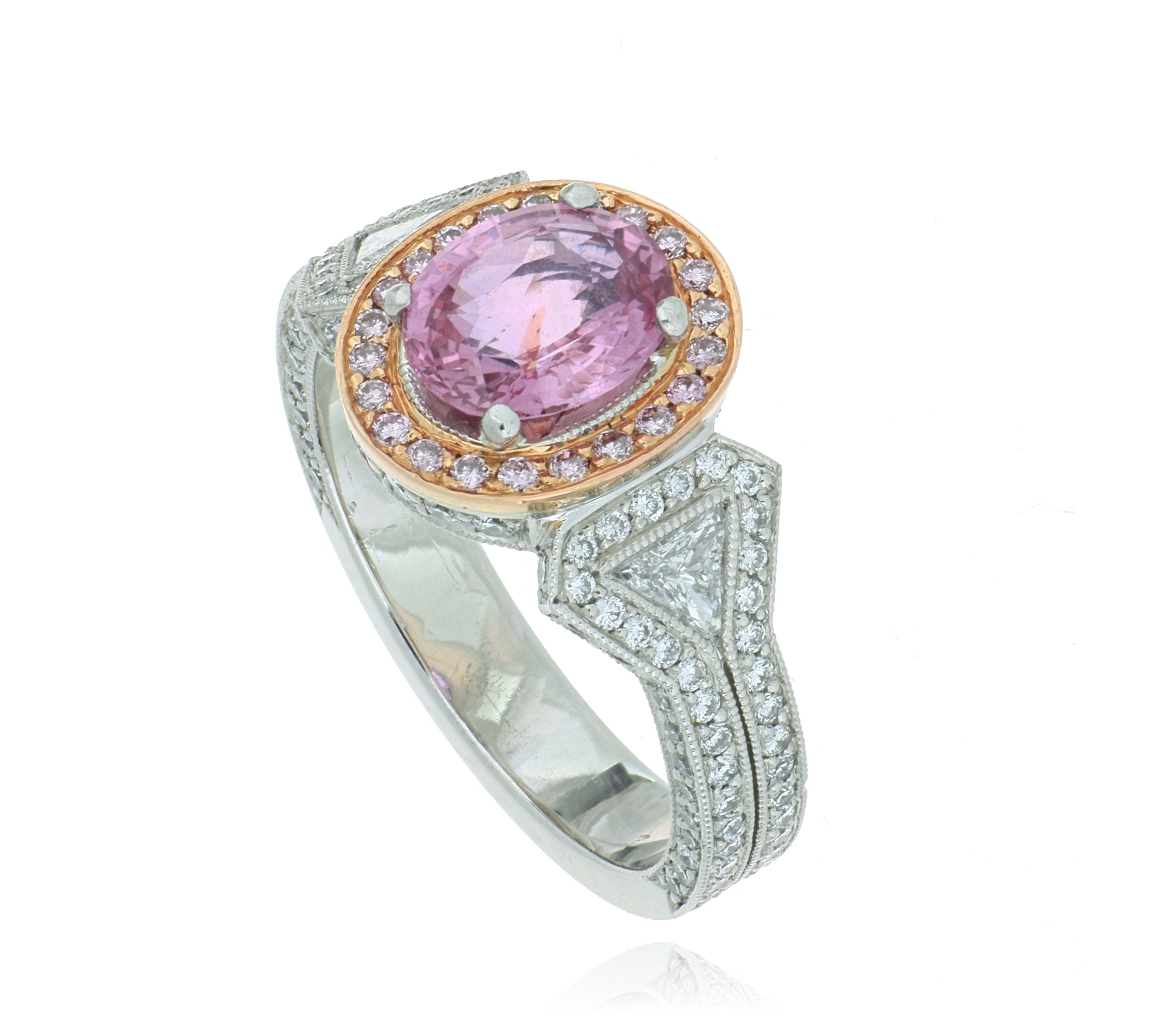 Platinum and 18k Rose Gold Vintage Style Pink Sapphire and Diamond Ring