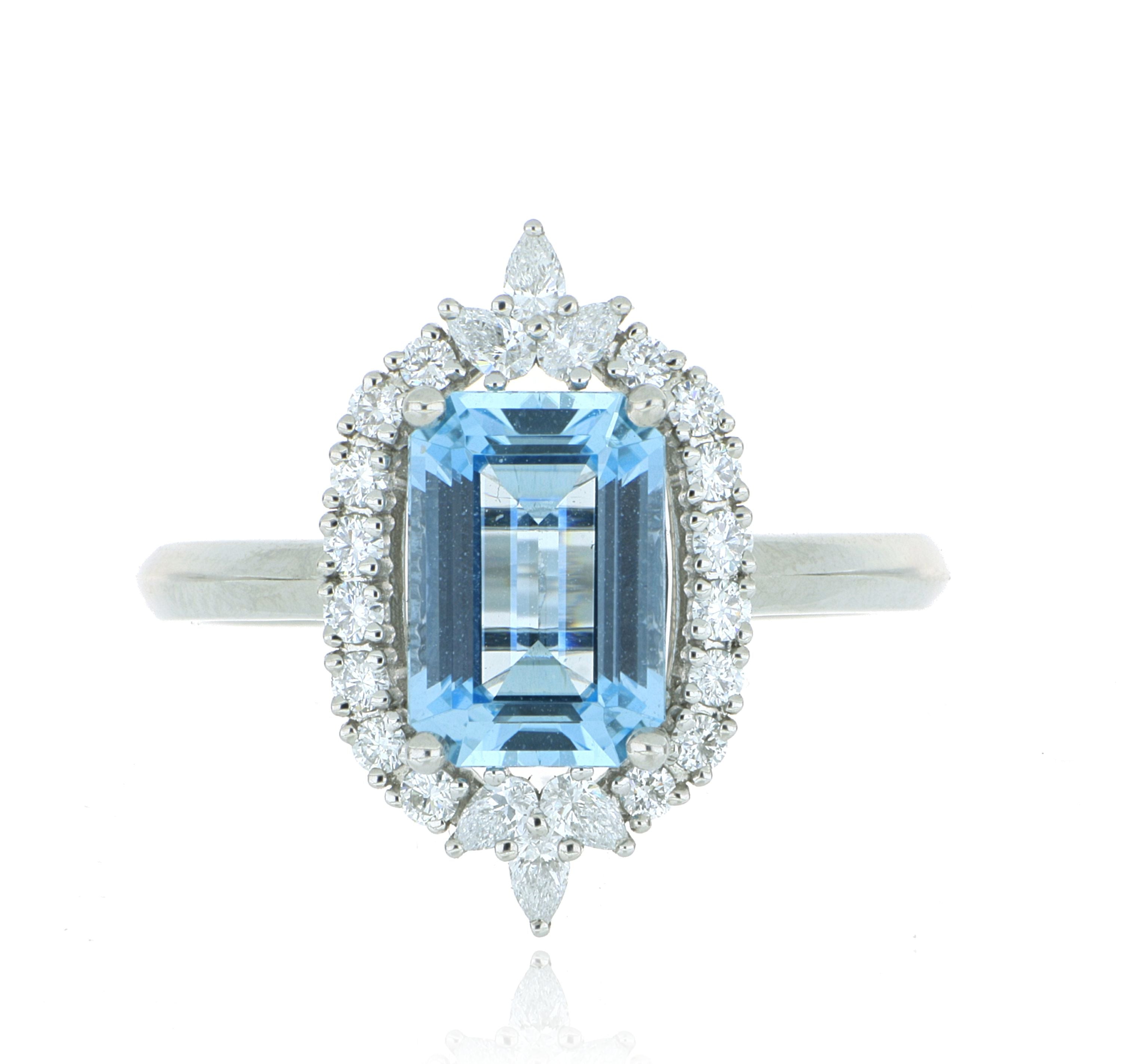 Platinum Step-Cut Aqua Marine and Diamond Accented Ring