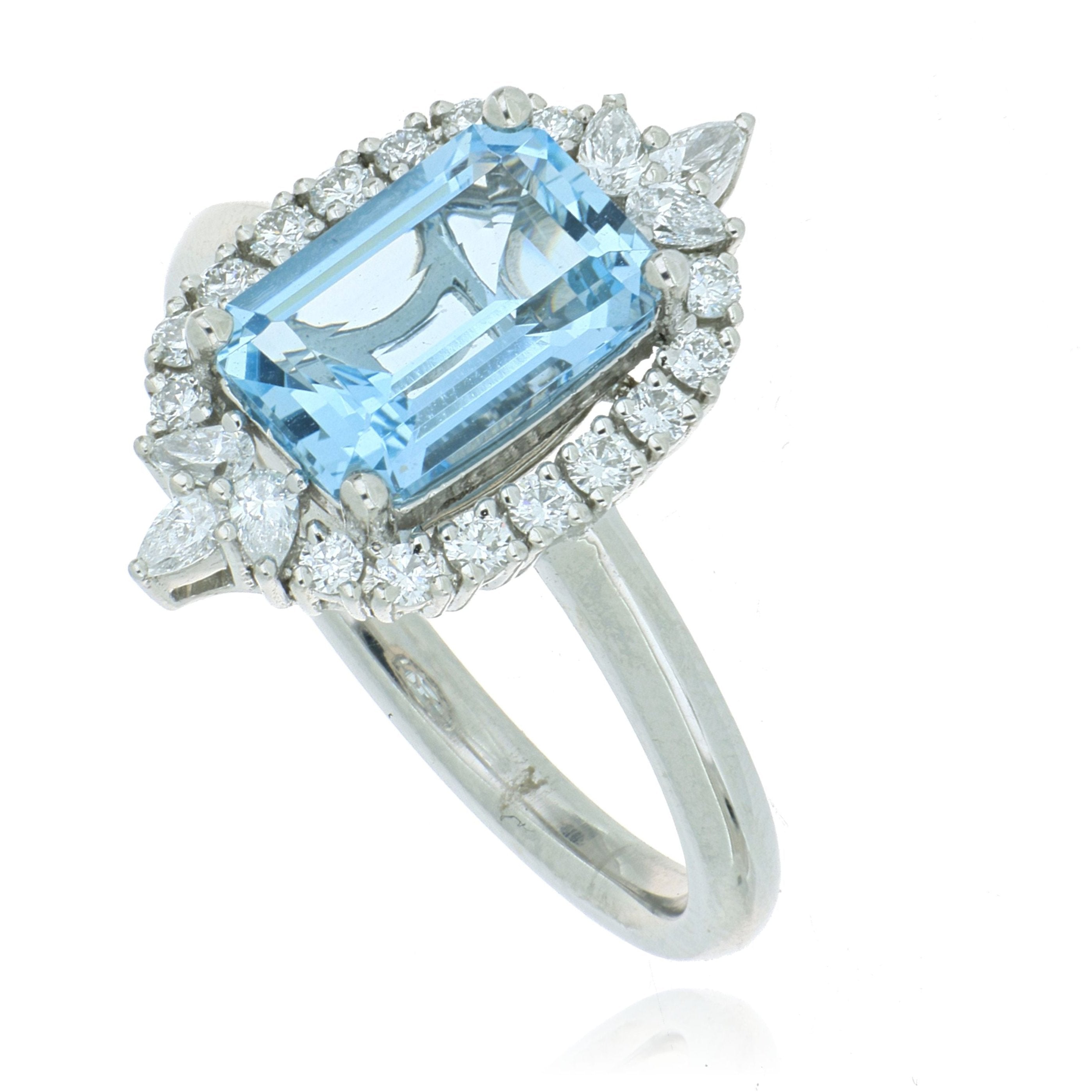 Platinum Step-Cut Aqua Marine and Diamond Accented Ring