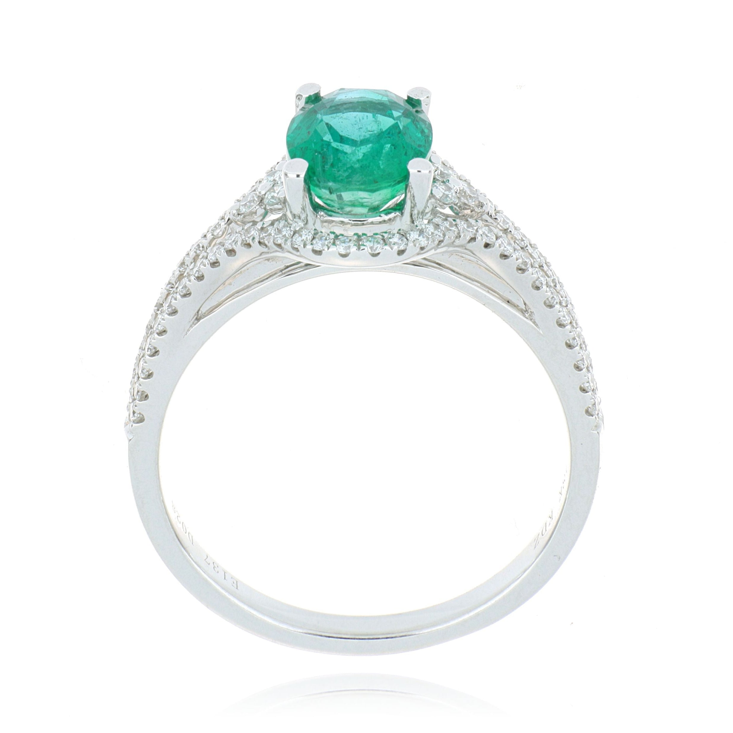 18k White Gold Oval Shaped Emerald and Diamond Accented Ring