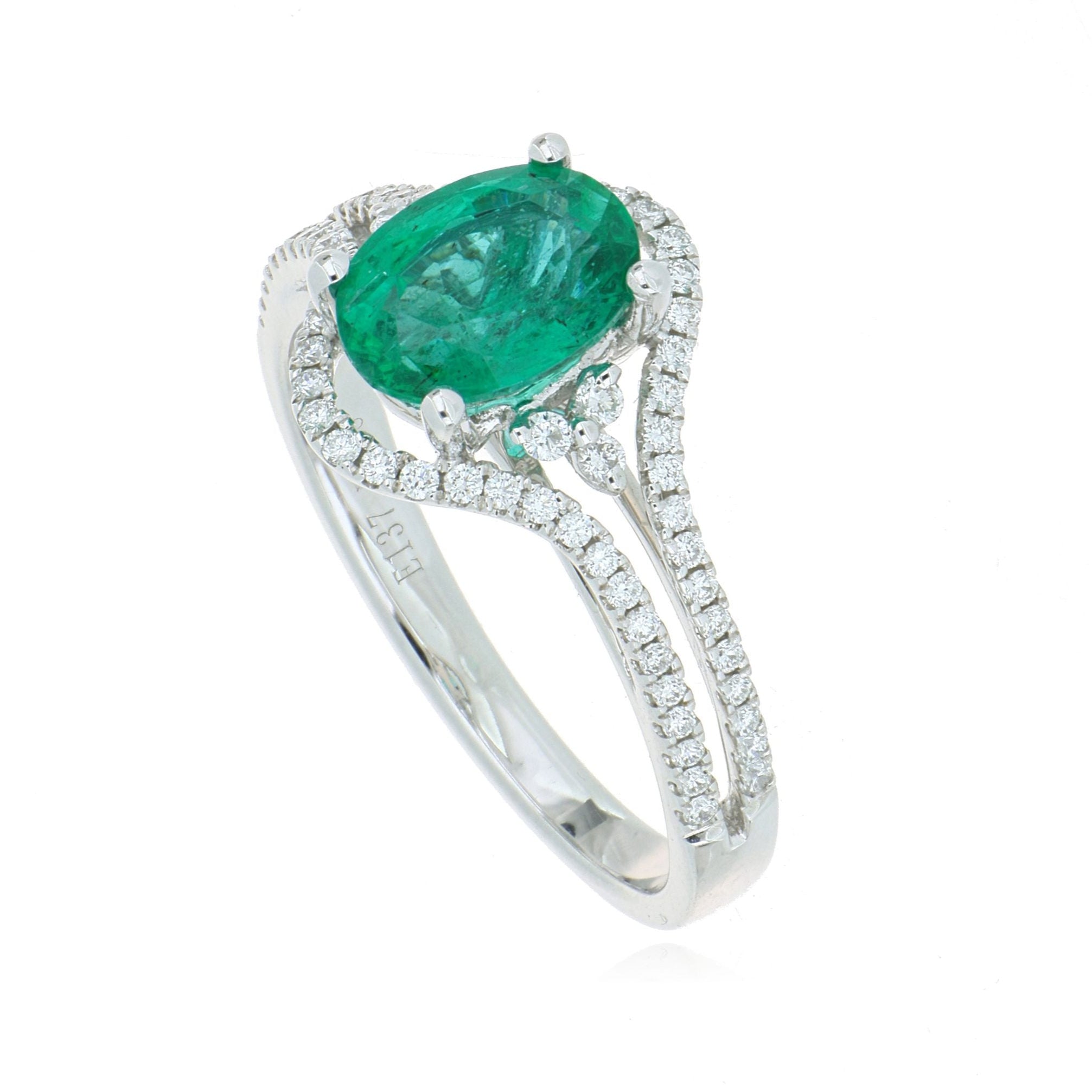 18k White Gold Oval Shaped Emerald and Diamond Accented Ring