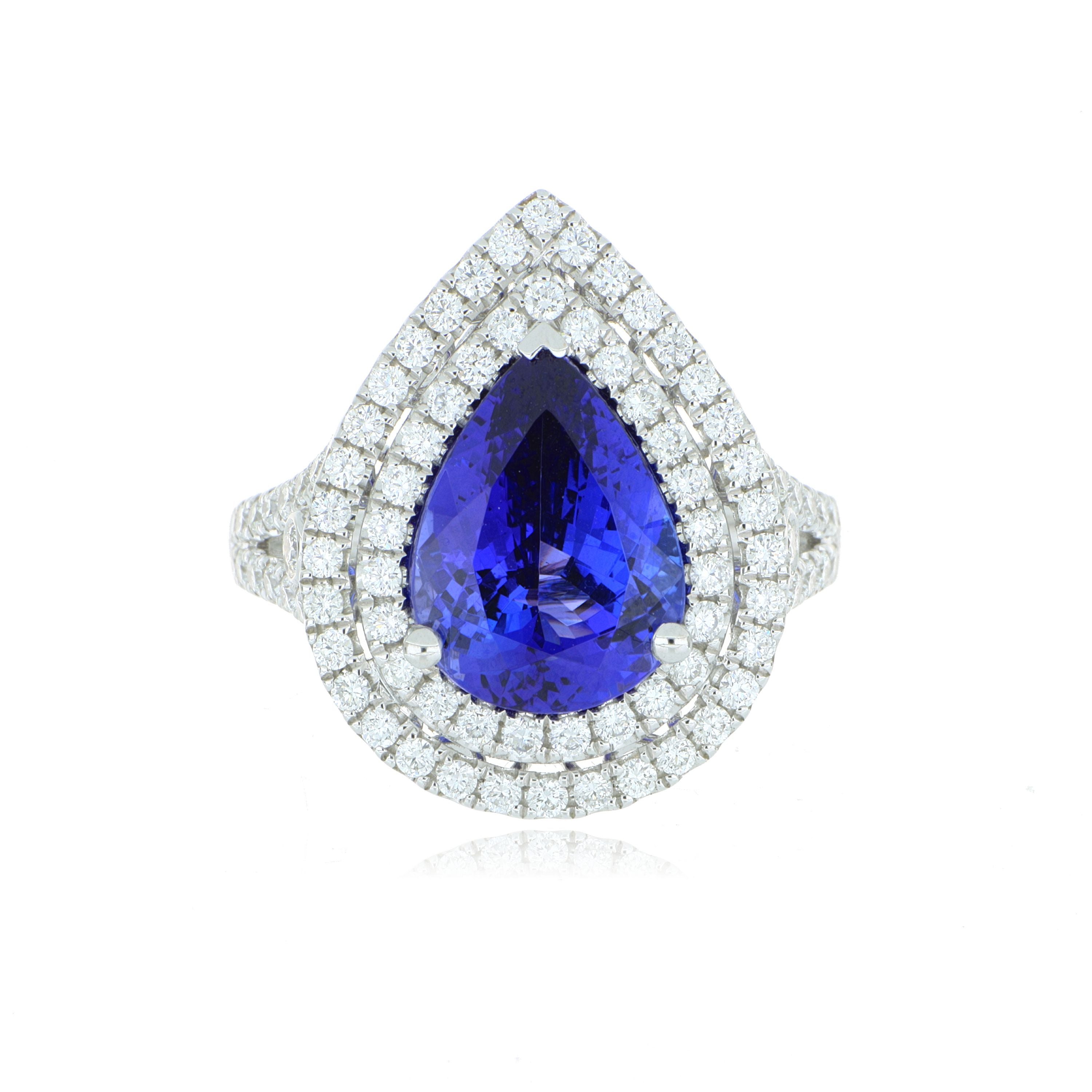 18k White Gold Pear Shaped Tanzanite and Diamond Double Halo Fashion Ring