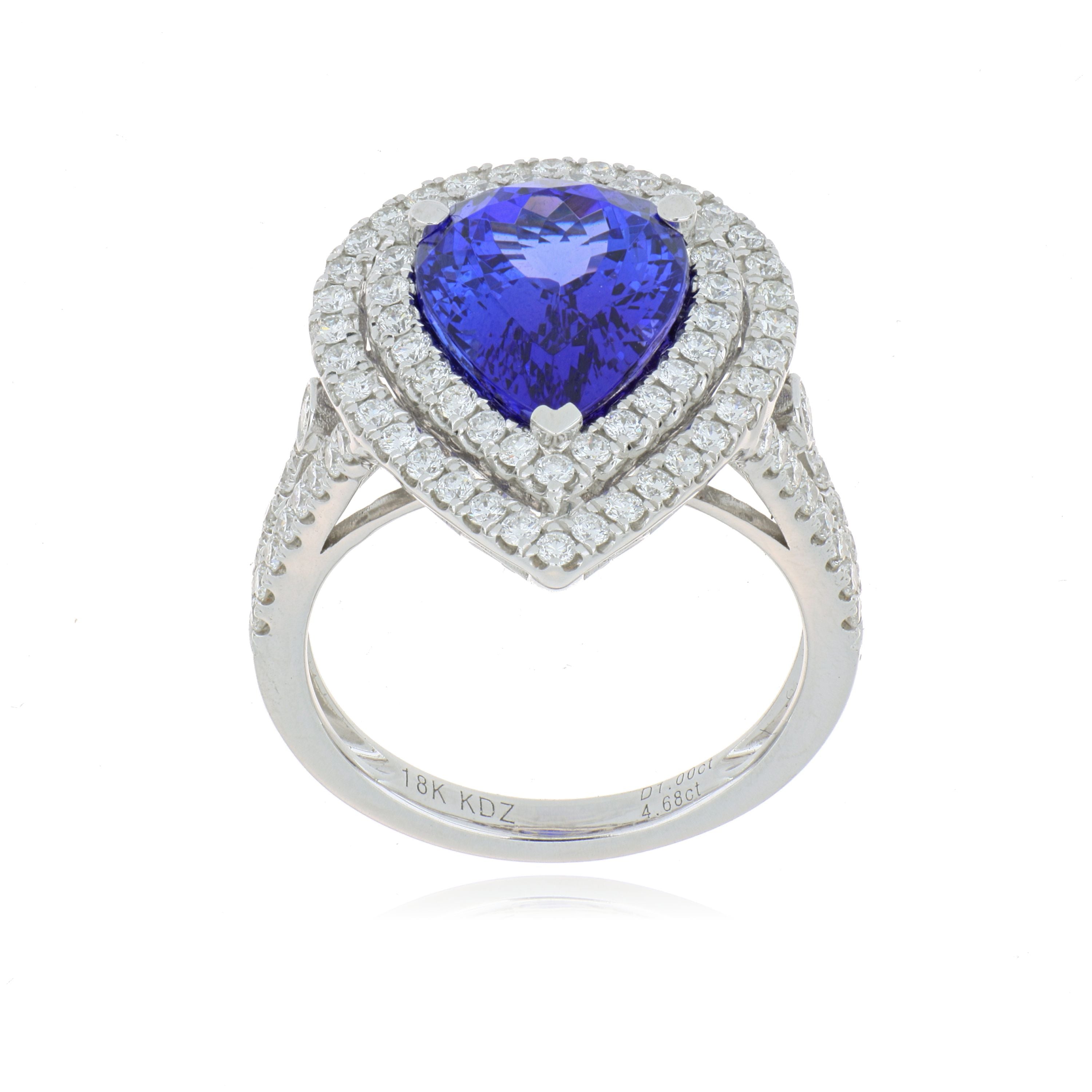 18k White Gold Pear Shaped Tanzanite and Diamond Double Halo Fashion Ring