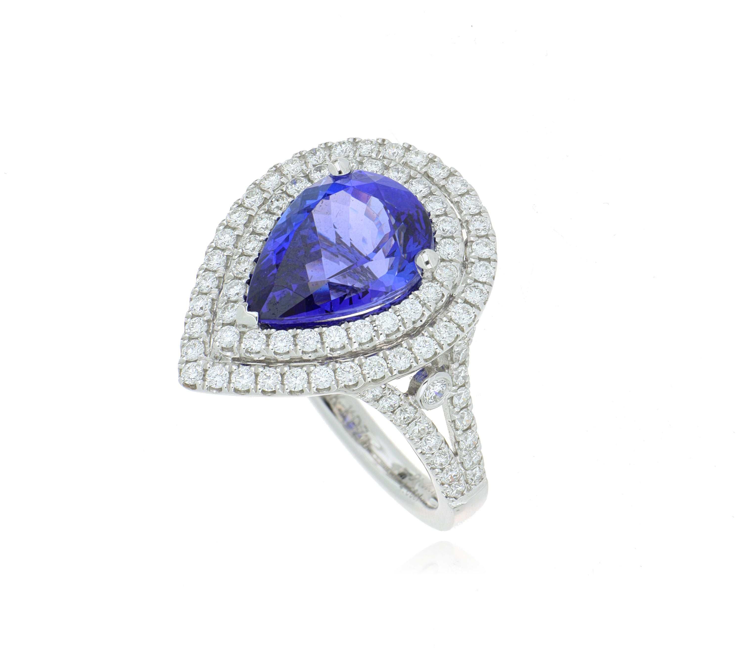 18k White Gold Pear Shaped Tanzanite and Diamond Double Halo Fashion Ring