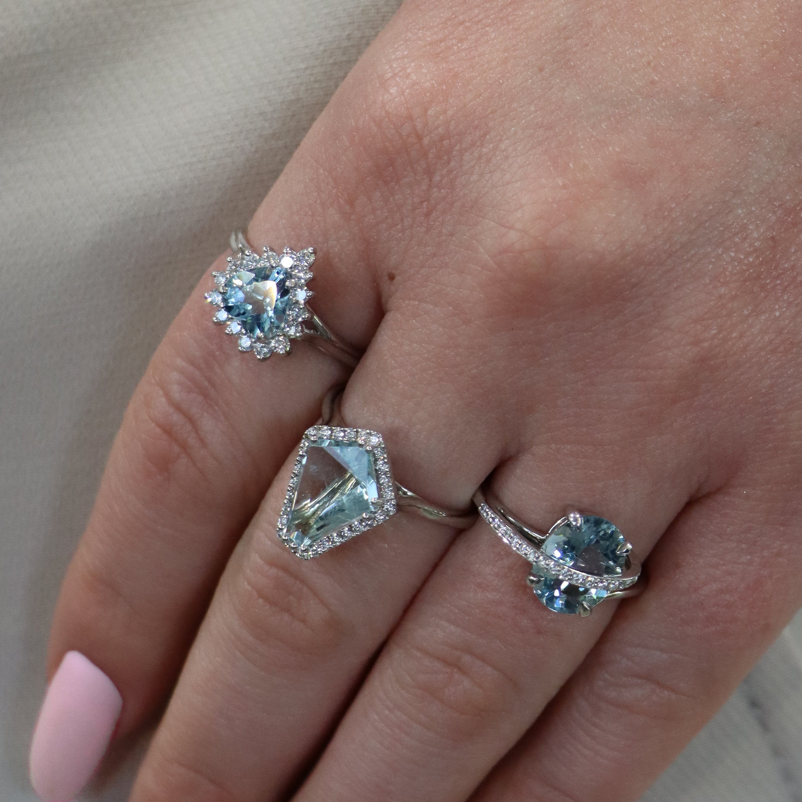 18k White Gold Kite Shaped Aquamarine and Diamond Ring