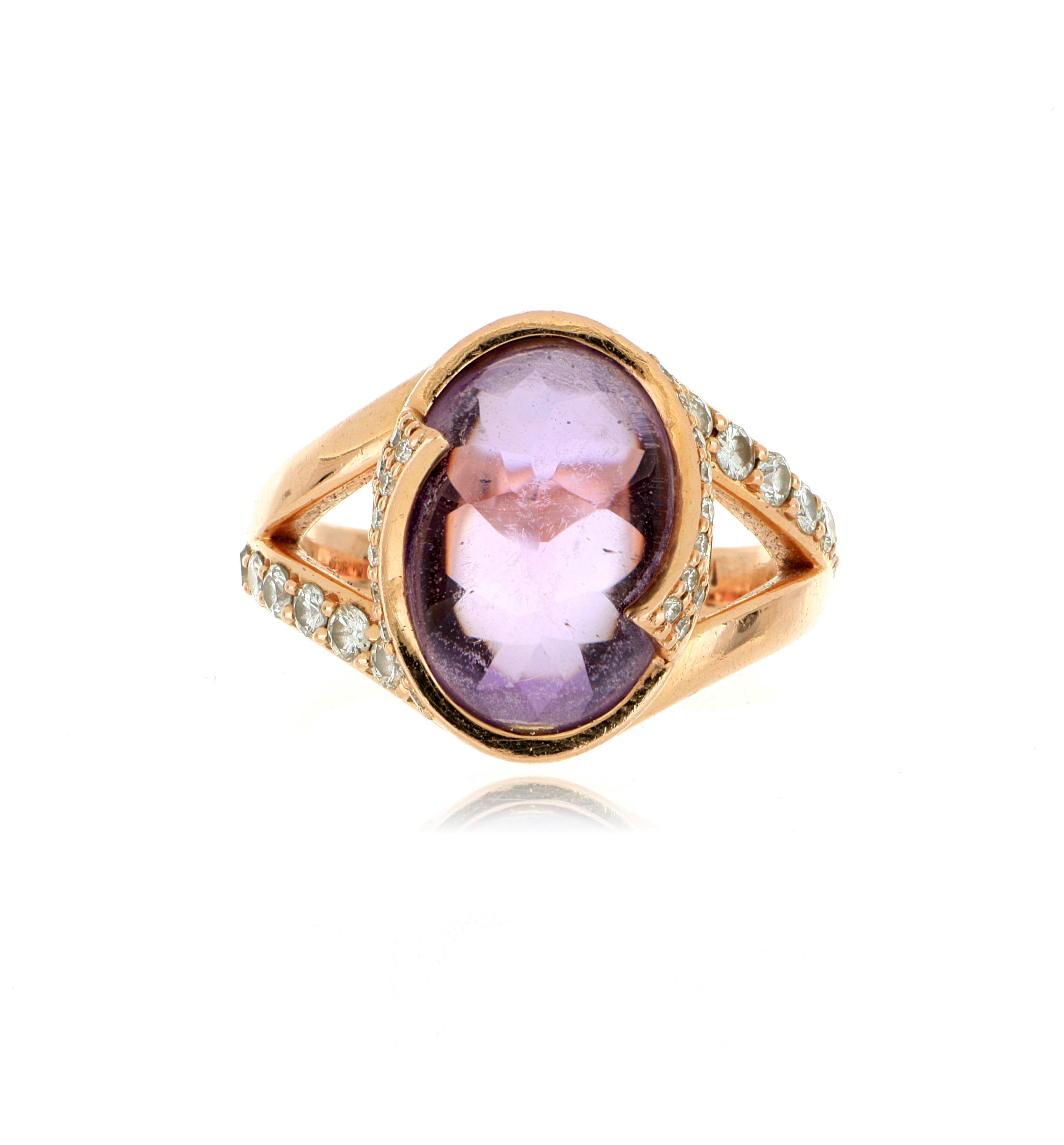 14k Rose Gold Cabochon Amethyst and Diamond Accented Ring