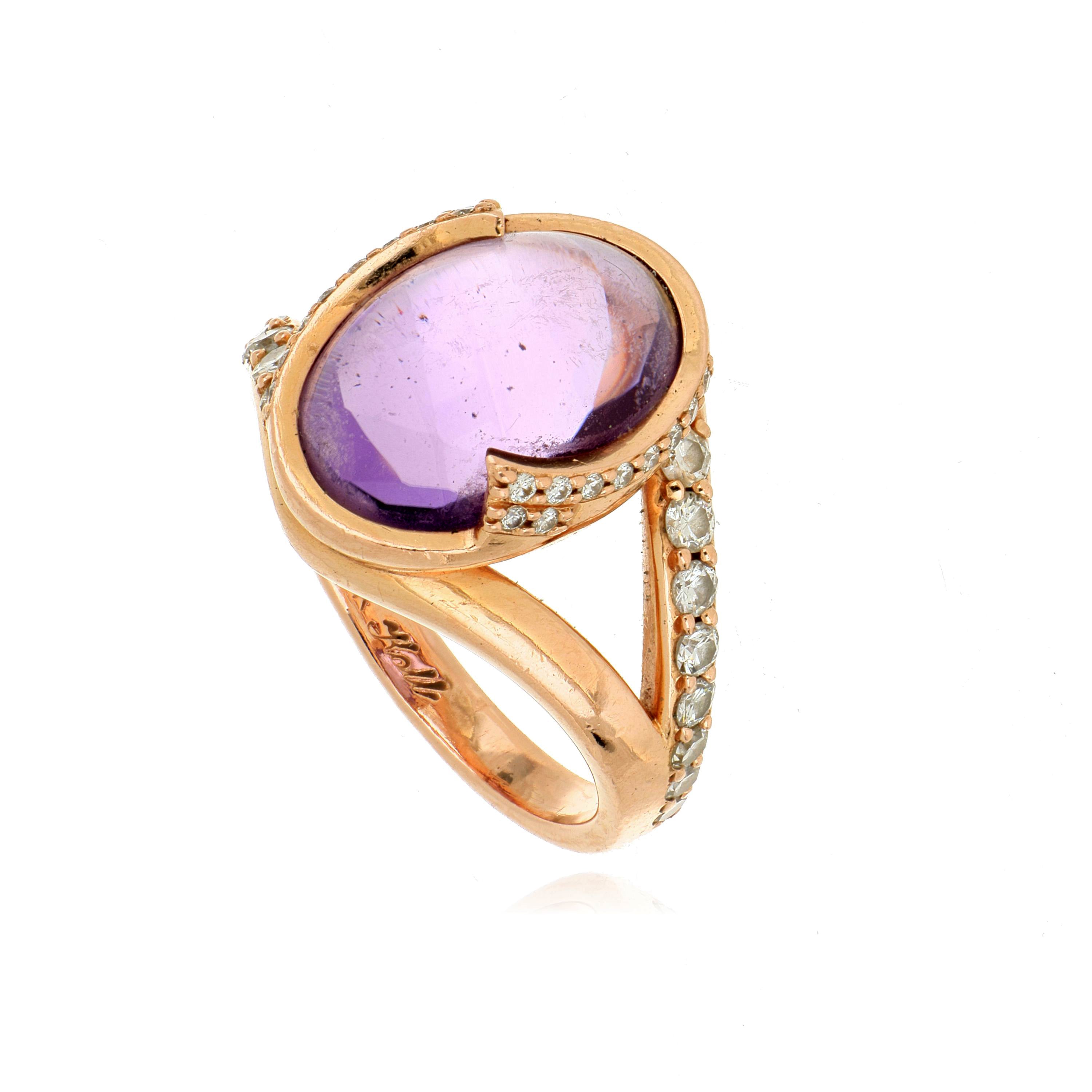 14k Rose Gold Cabochon Amethyst and Diamond Accented Ring