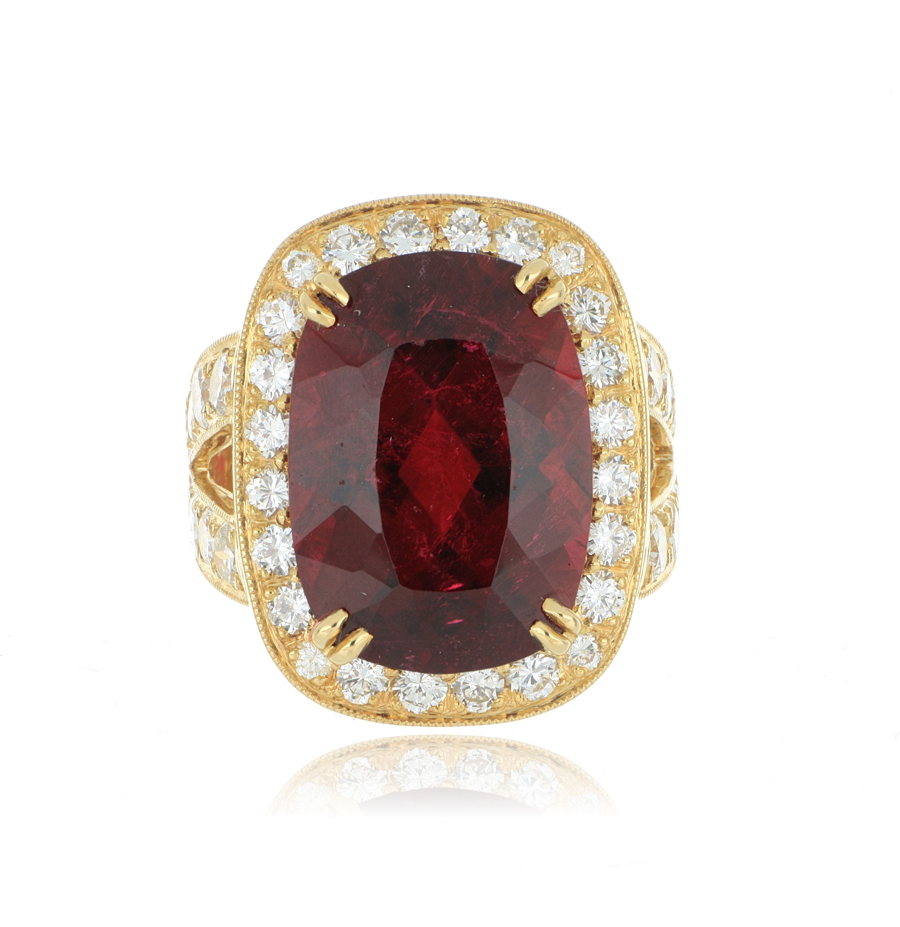 18k Yellow Gold Diamond Accented Rubellite Ring