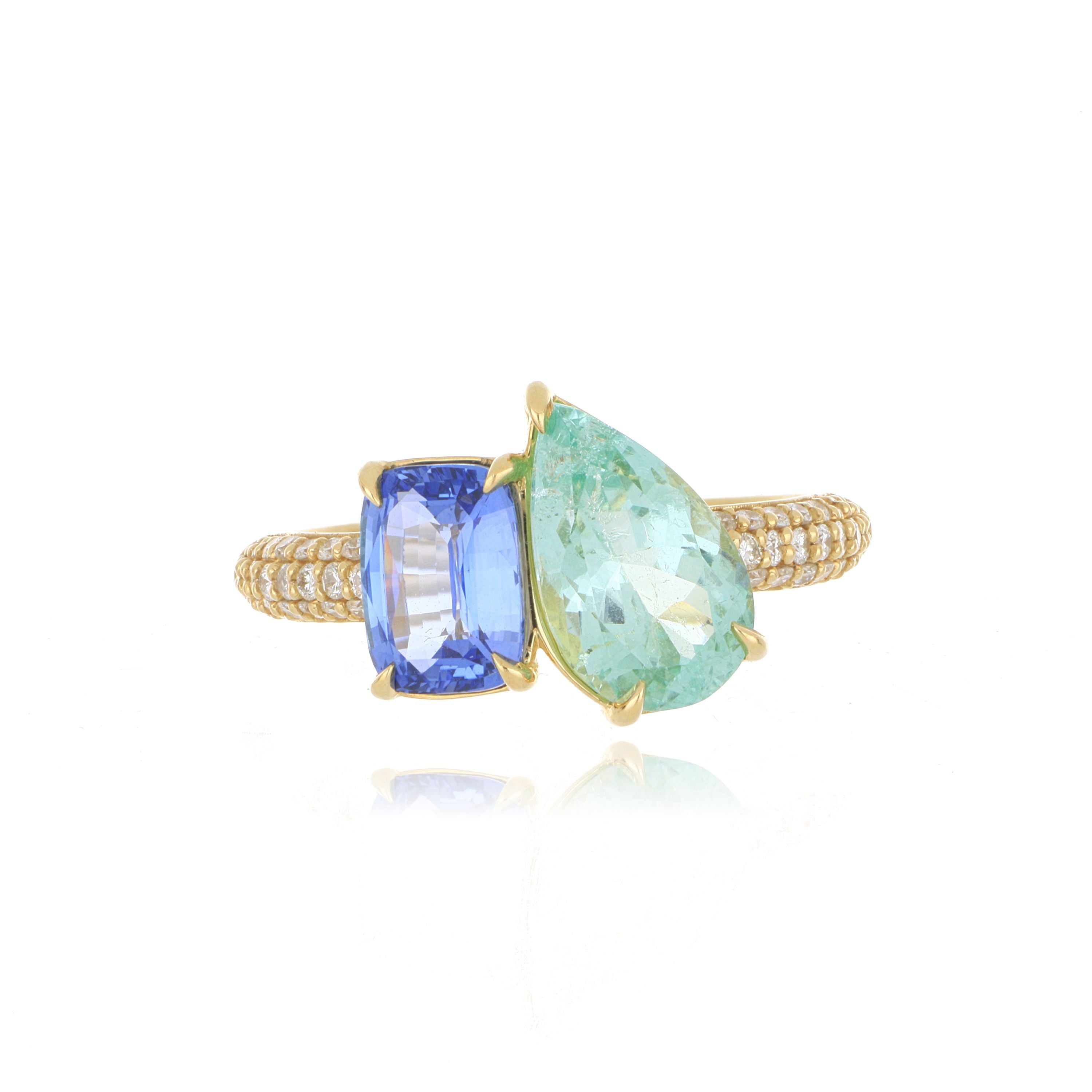 18k Yellow Gold Sapphire, Tourmaline and Diamond Ring