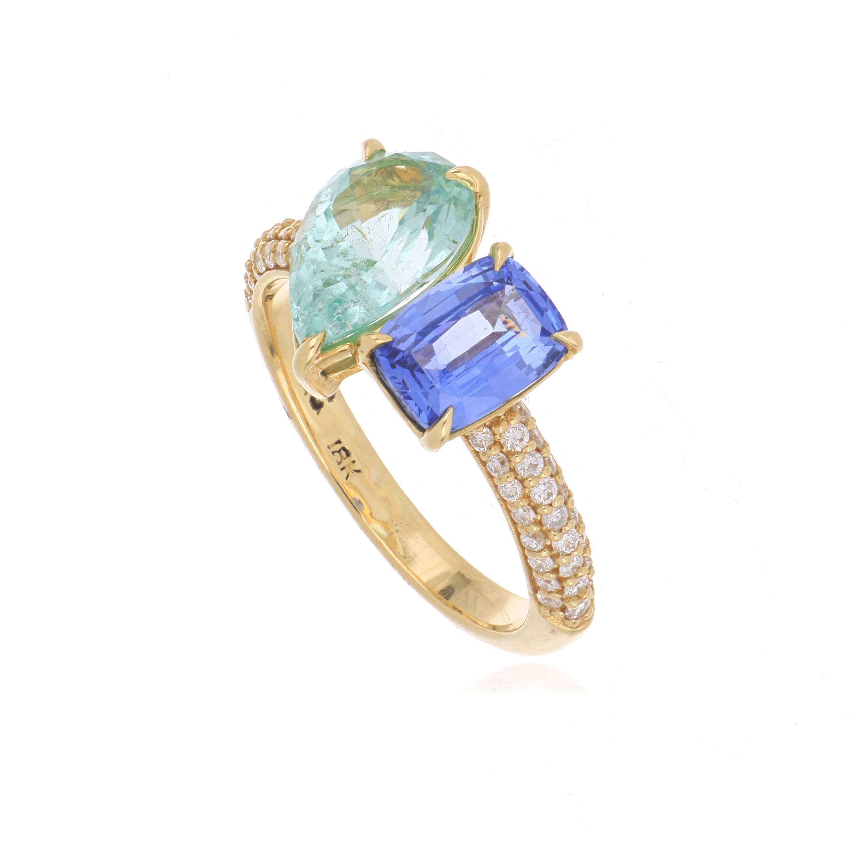 18k Yellow Gold Sapphire, Tourmaline and Diamond Ring