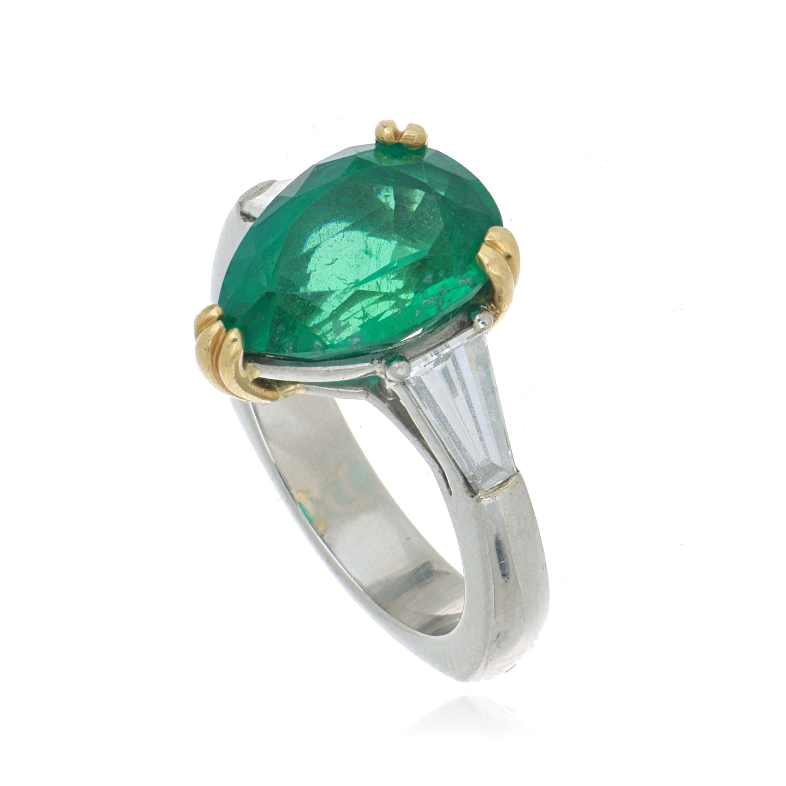 Platinum and 18k Yellow Gold Emerald and Diamond Ring