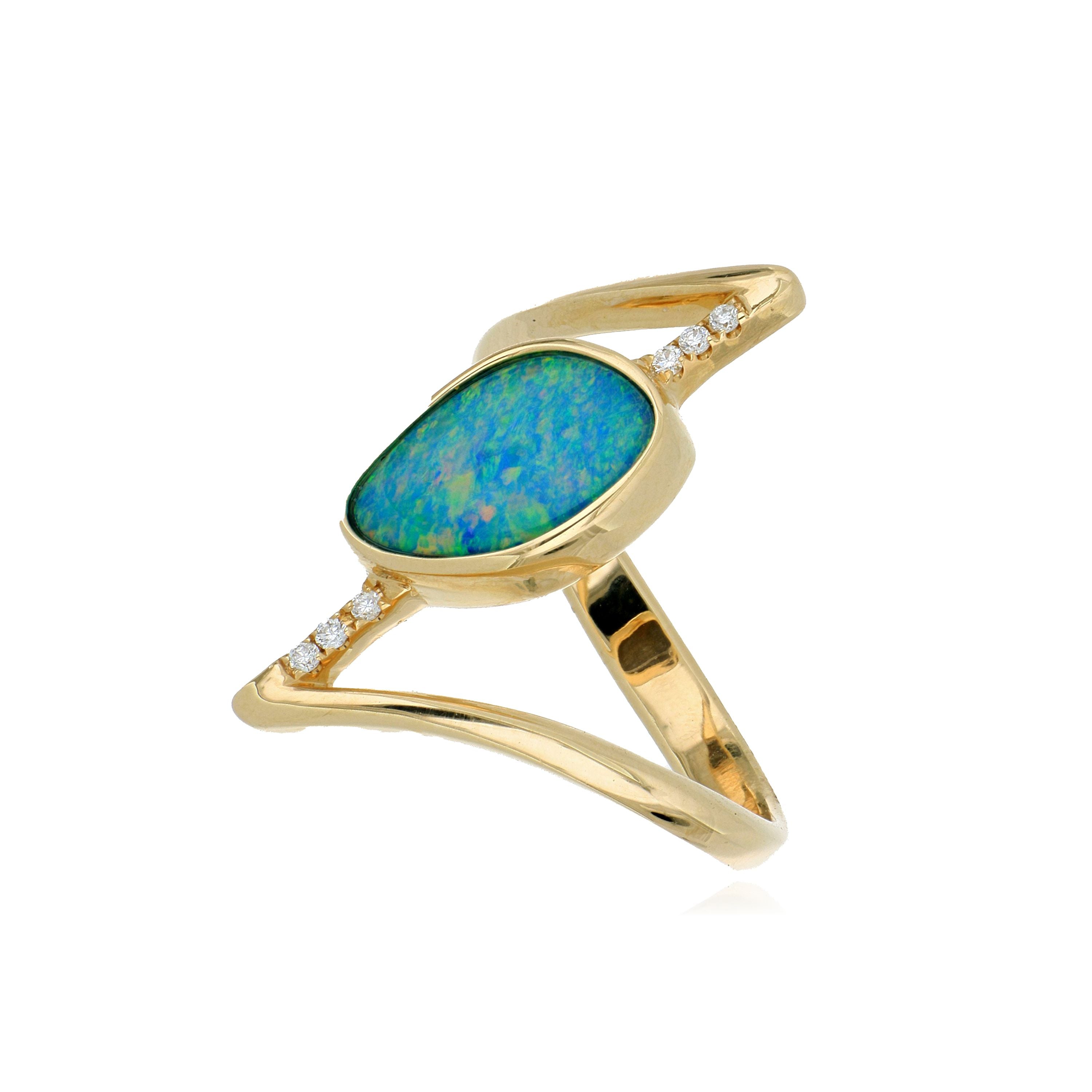 14k Yellow Gold Opal and Diamond Ring