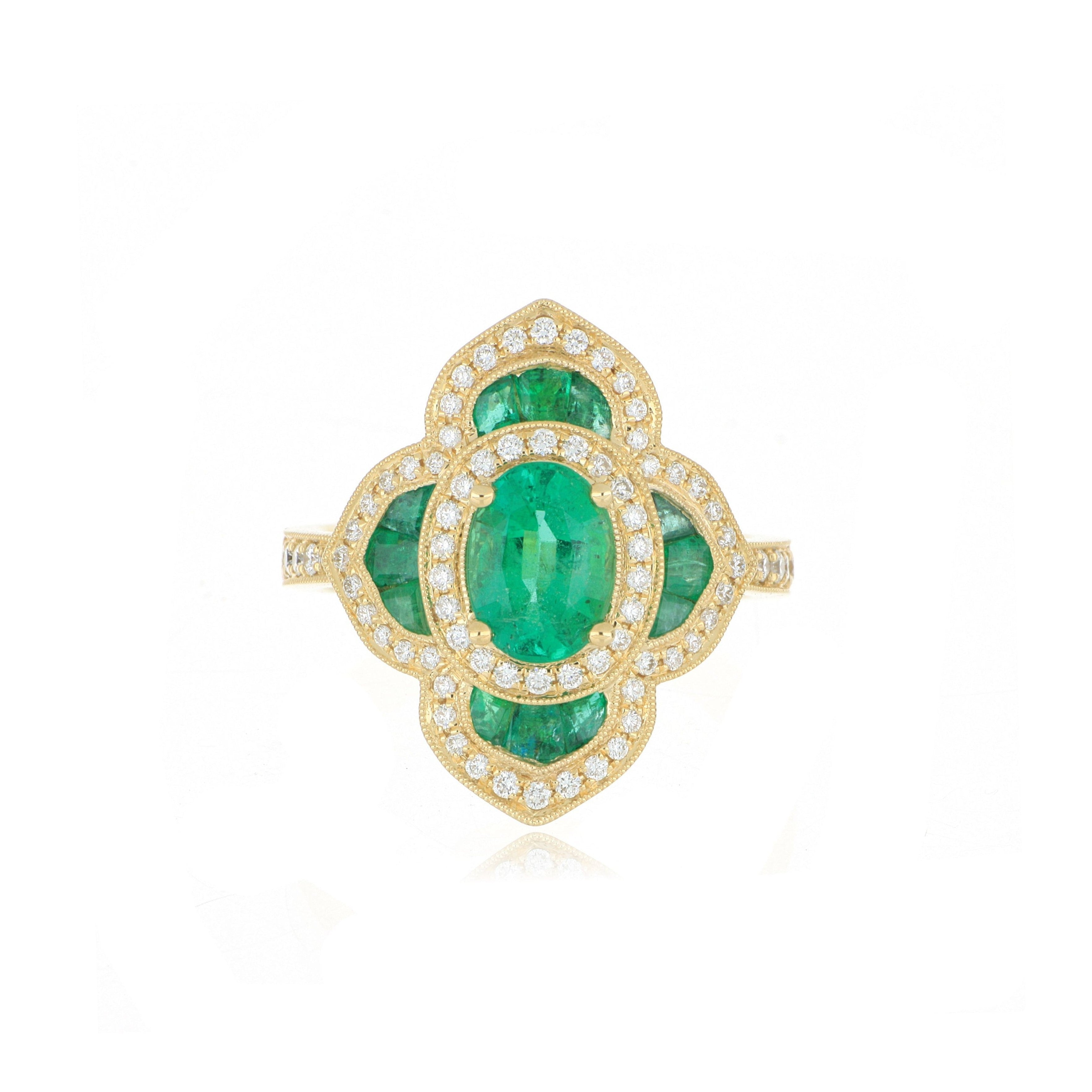 18k Yellow Gold Emerald and Diamond Accented Ring