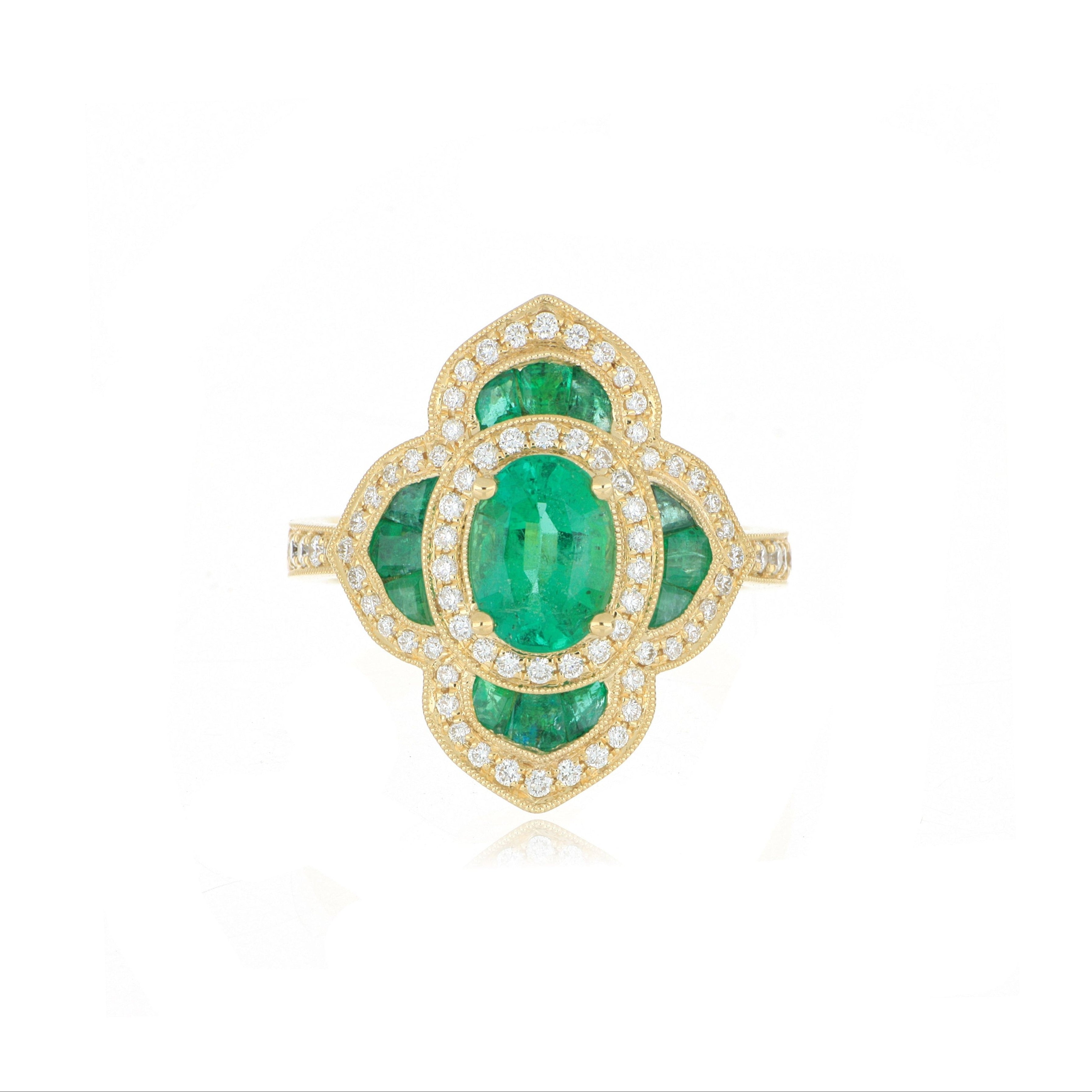 18k Yellow Gold Emerald and Diamond Accented Ring