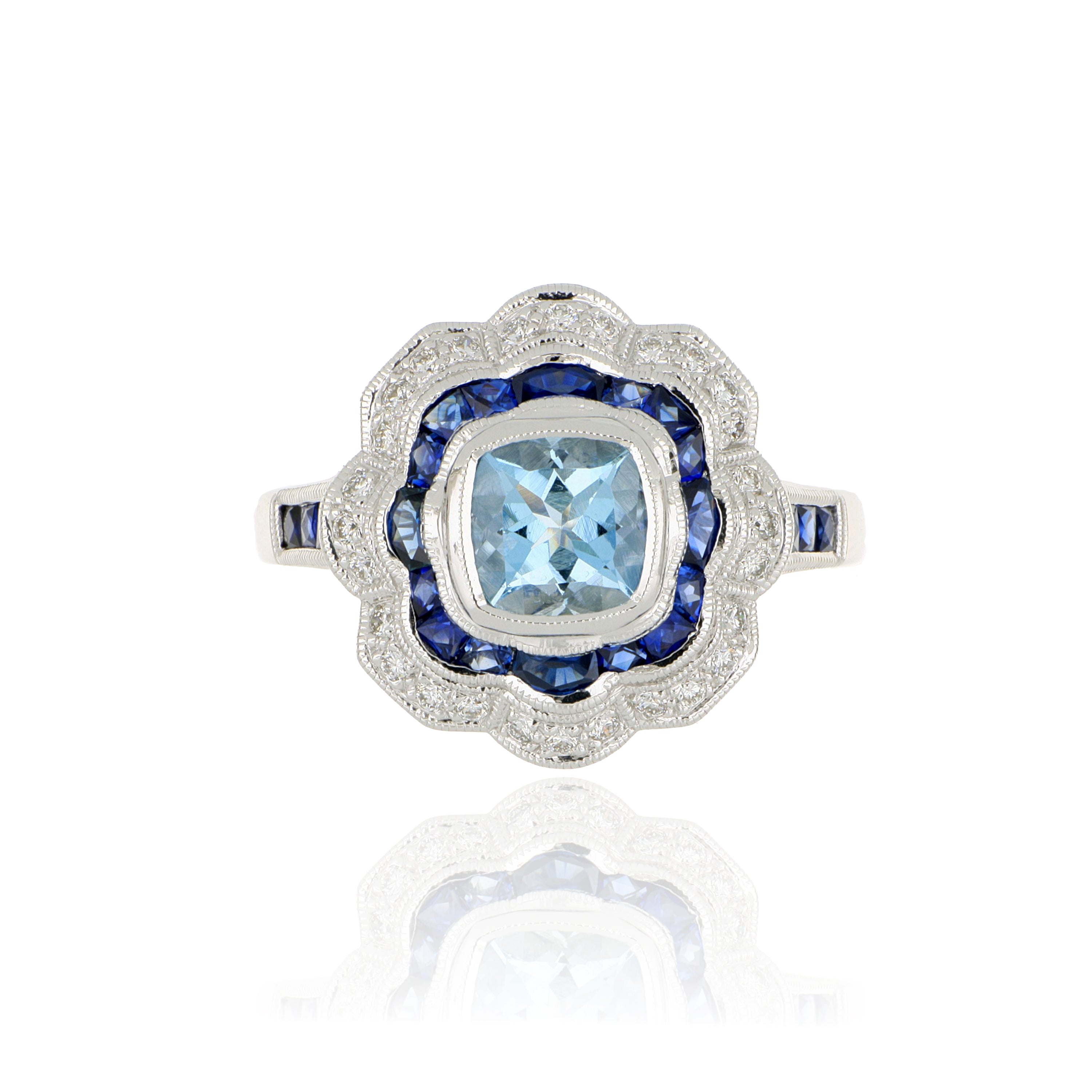 18k White Gold Aquamarine, Sapphire, and Diamond Ring