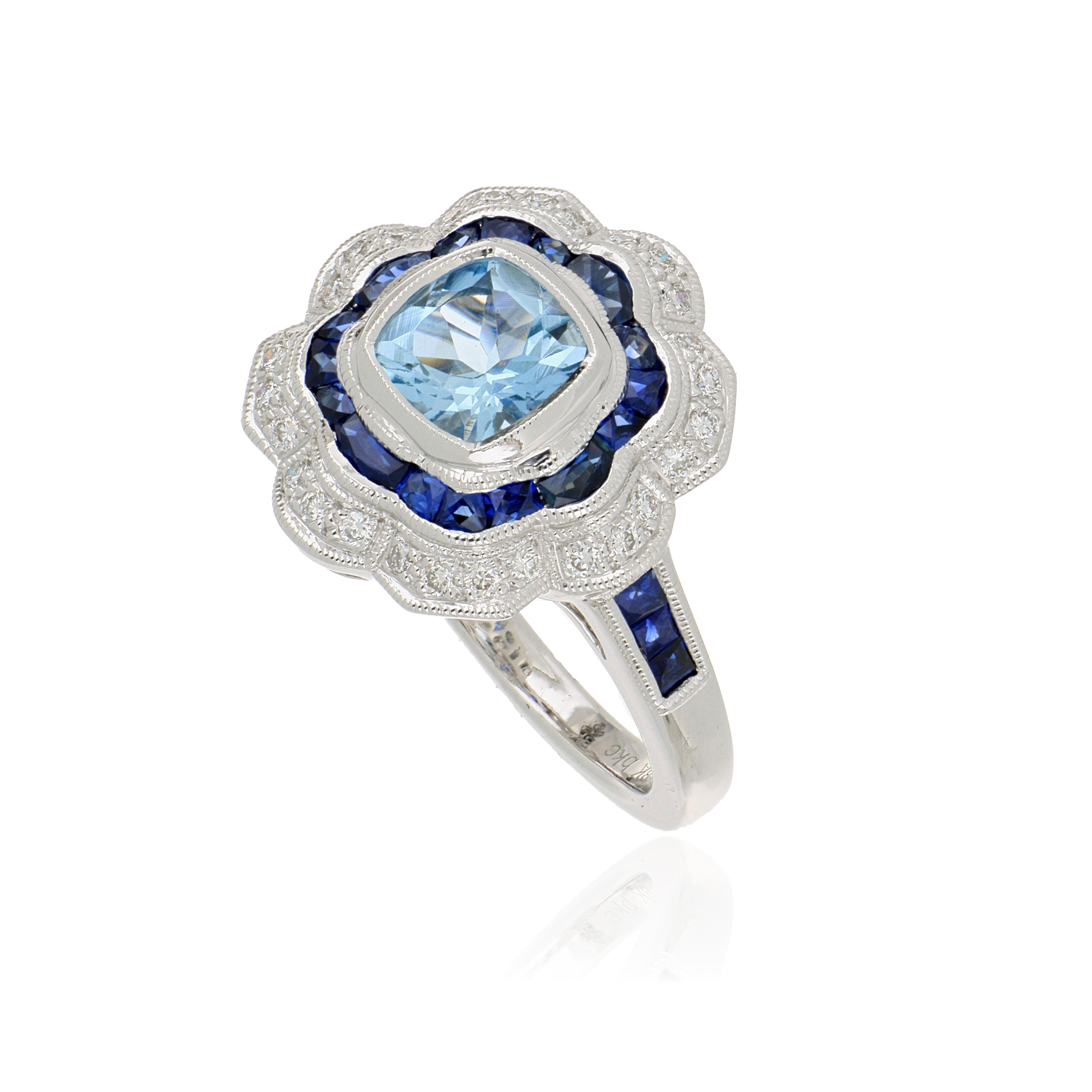 18k White Gold Aquamarine, Sapphire, and Diamond Ring