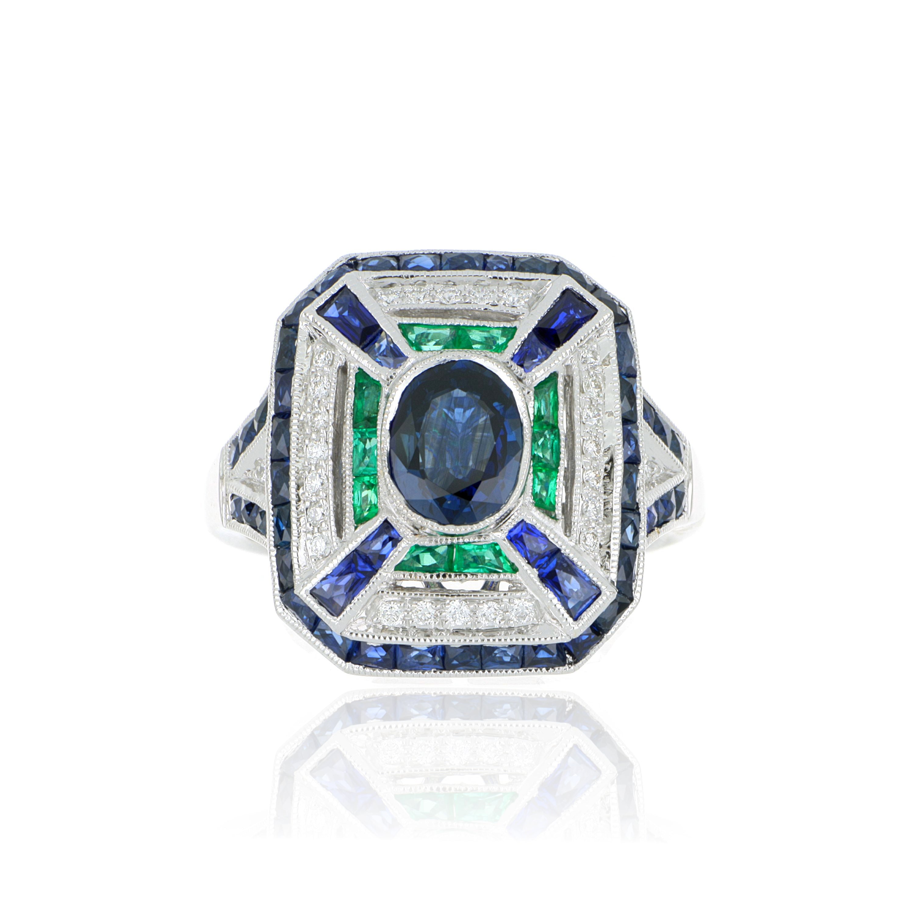 18k White Gold Sapphire, Emerald and Diamond Ring - Charles Koll Jewelers