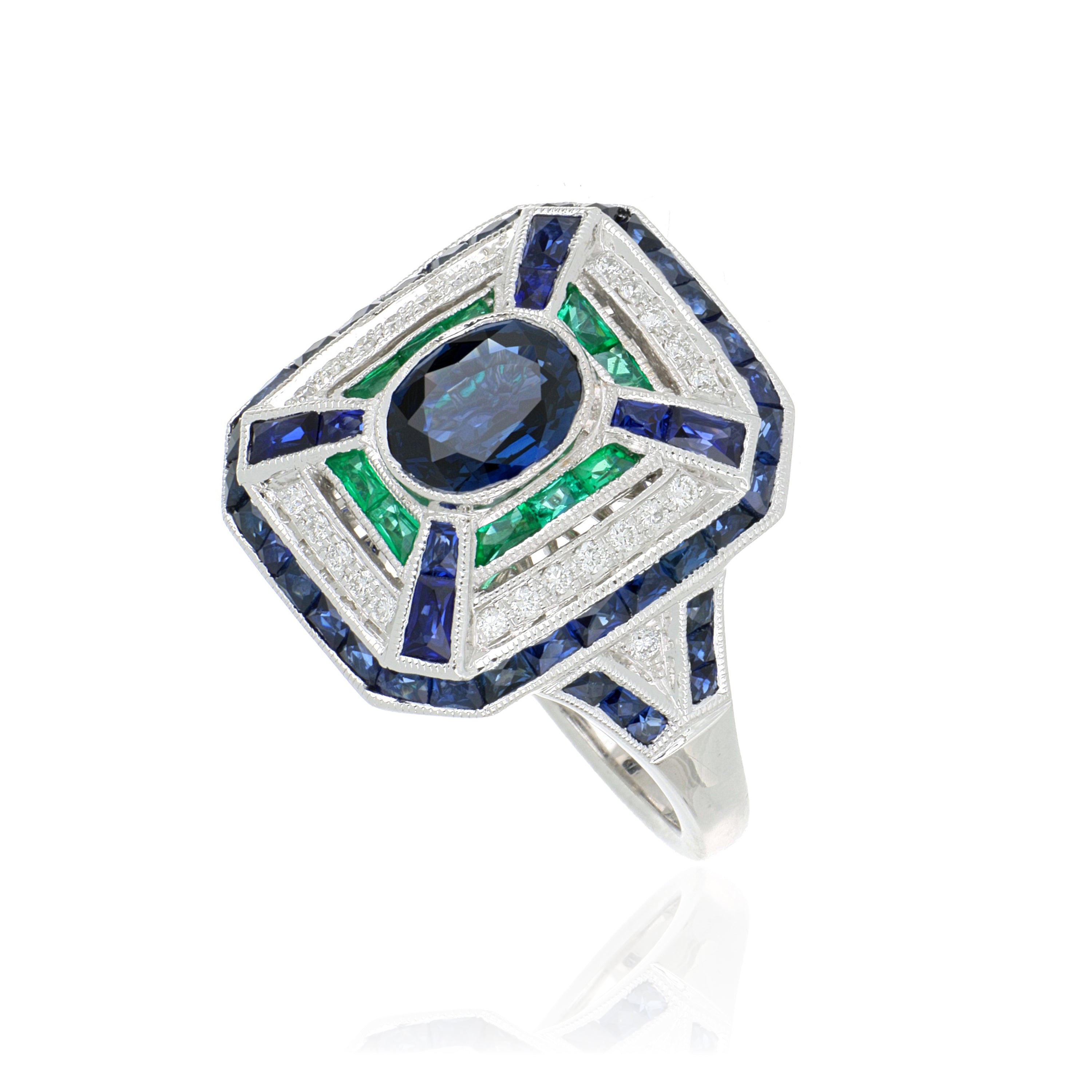 18k White Gold Sapphire, Emerald and Diamond Ring - Charles Koll Jewelers
