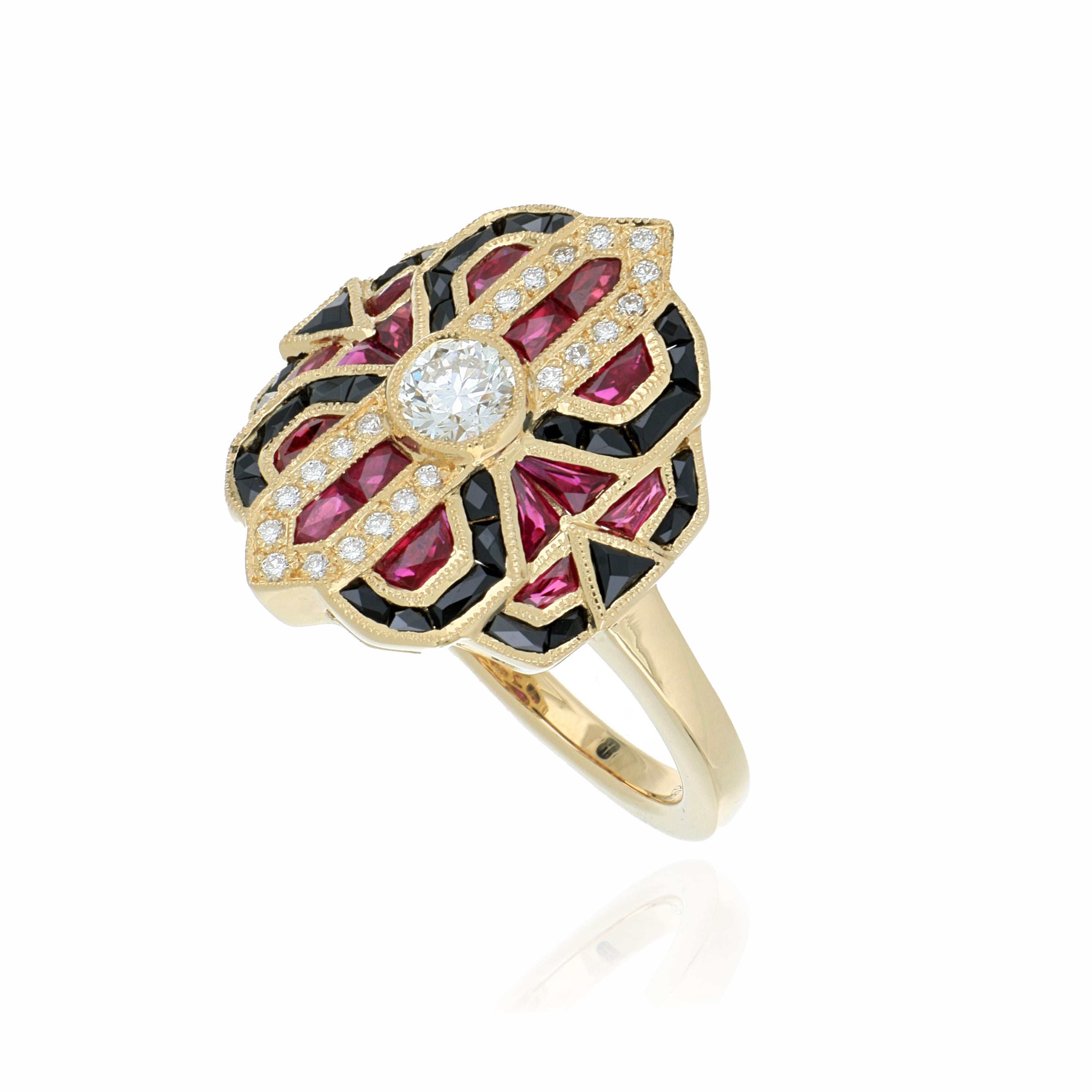 18k Yellow Gold Ruby, Onyx and Diamond Ring