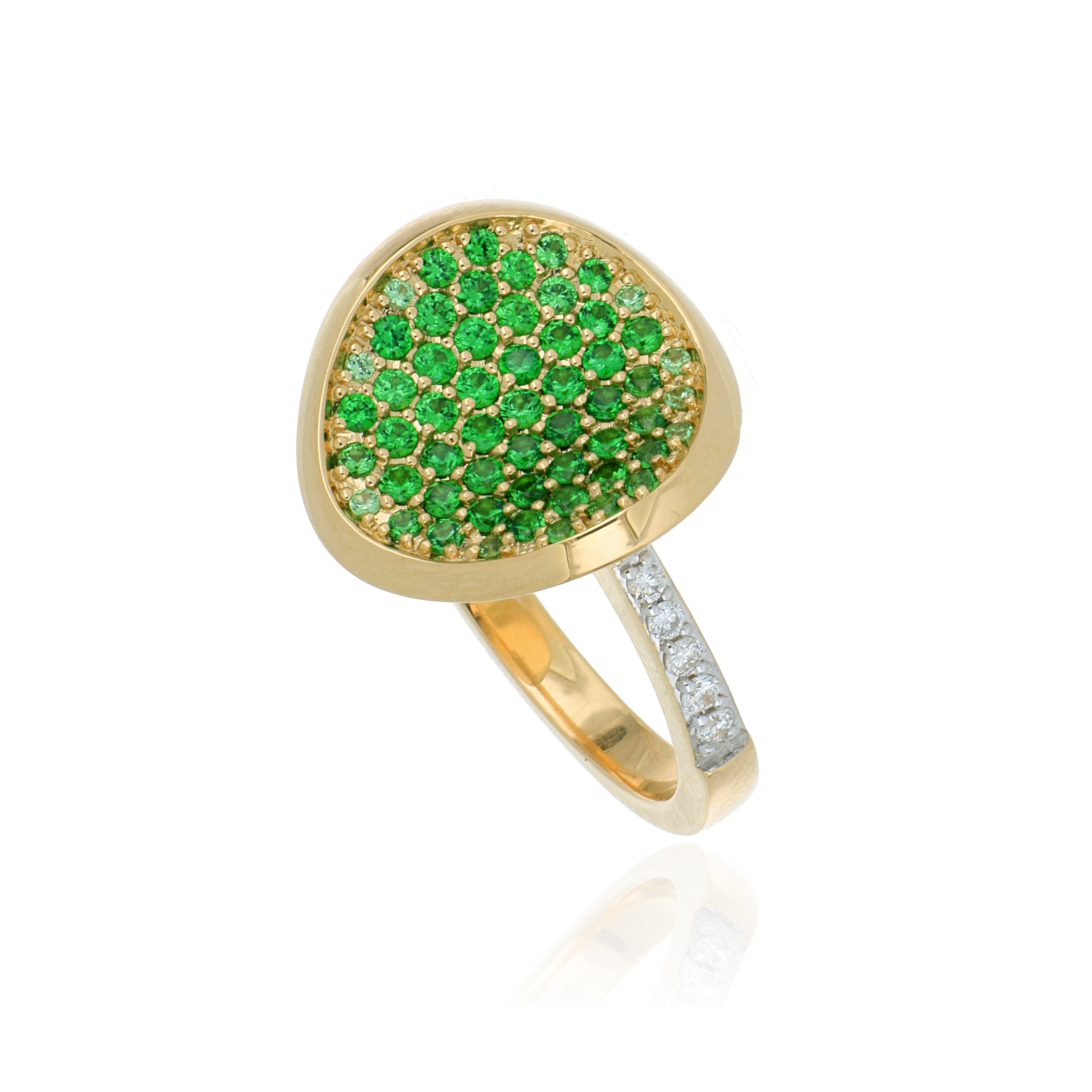 18k Yellow Gold Tsavorite and Diamond Concave Disk Ring