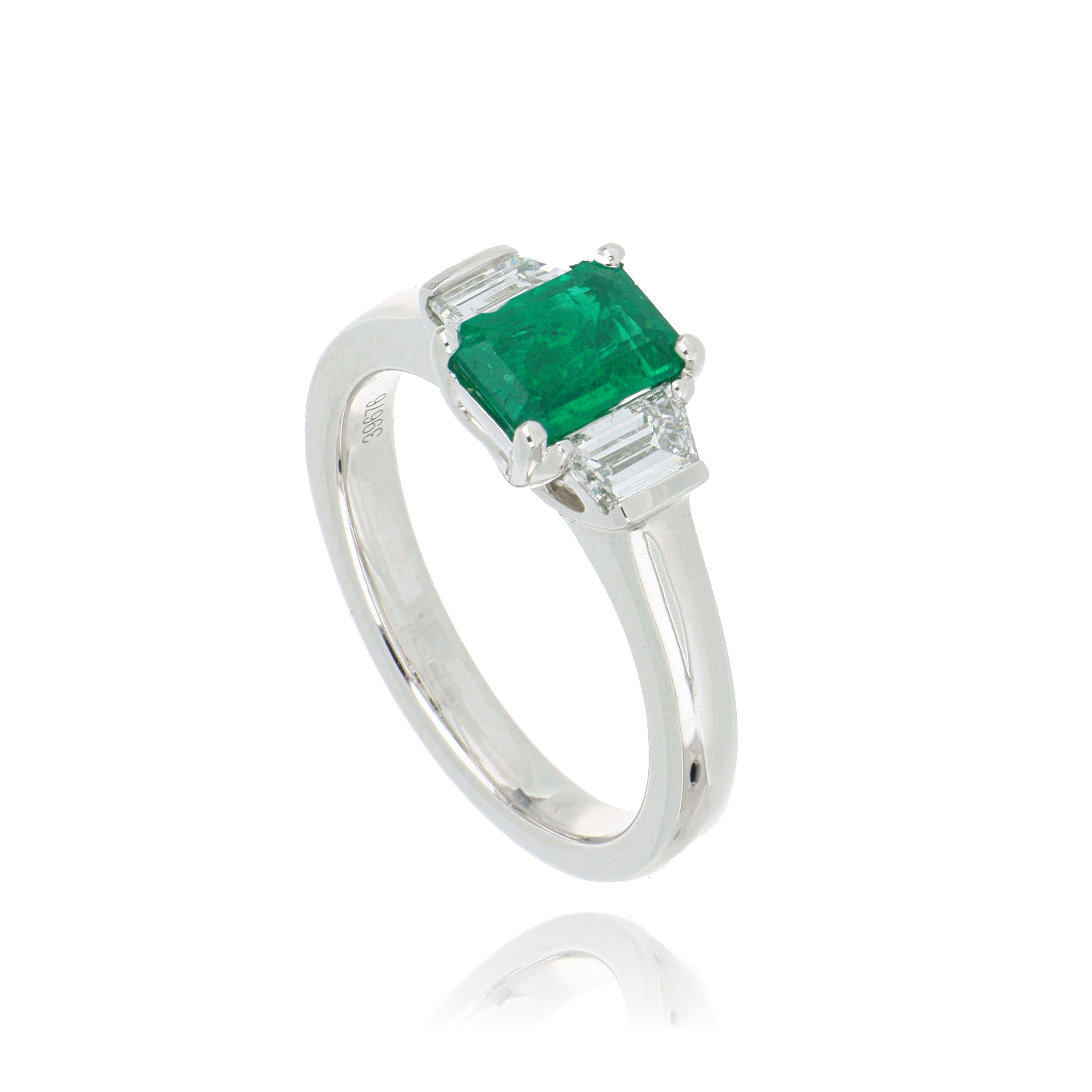Platinum Emerald and Diamond 3 Stone Ring - Charles Koll Jewelers