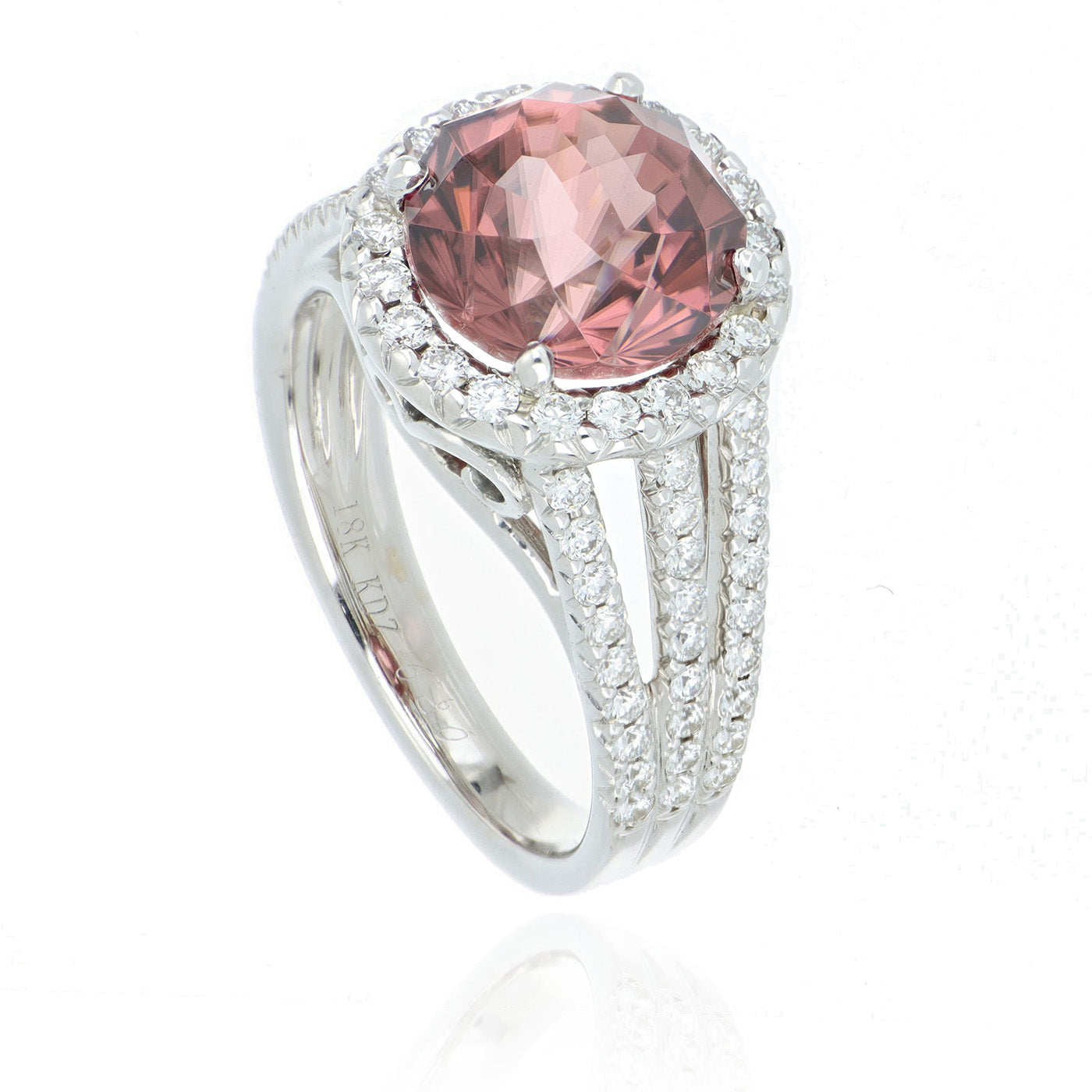 18k White Gold Pink Zircon and Diamond Ring