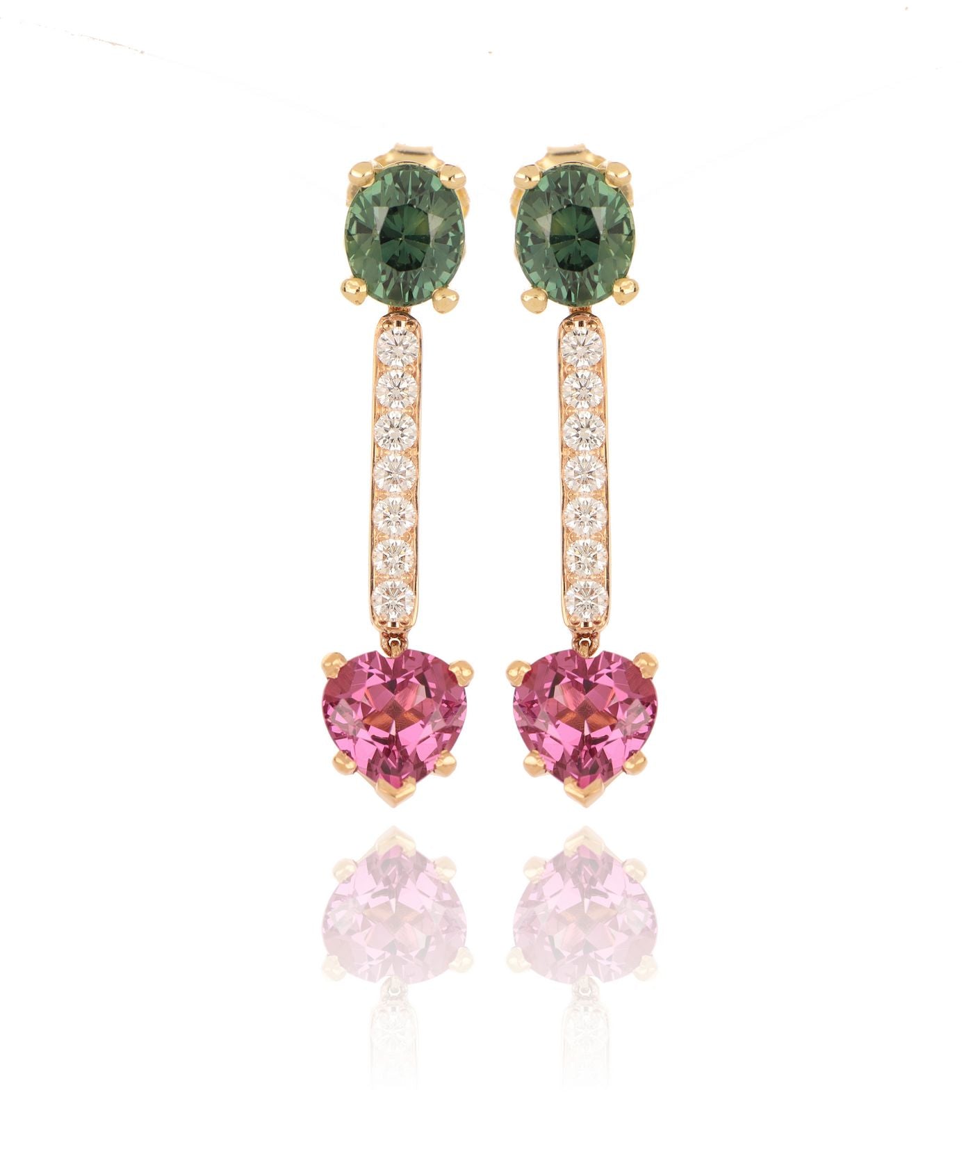 18k Rose Gold Green Sapphire, Garnet and Diamond Drop Earrings