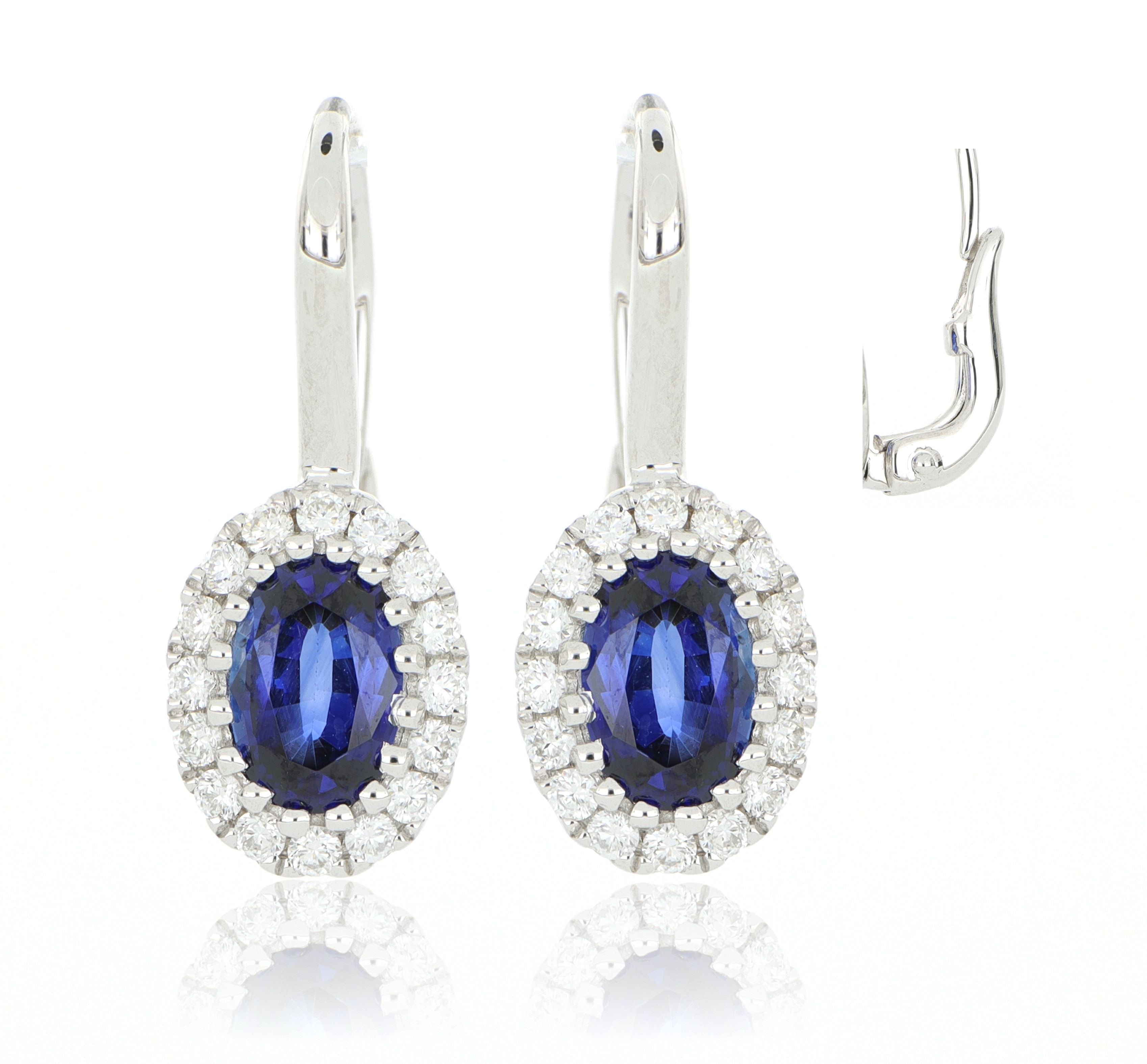 18k White Gold Blue Sapphire and Diamond Halo Drop Earrings