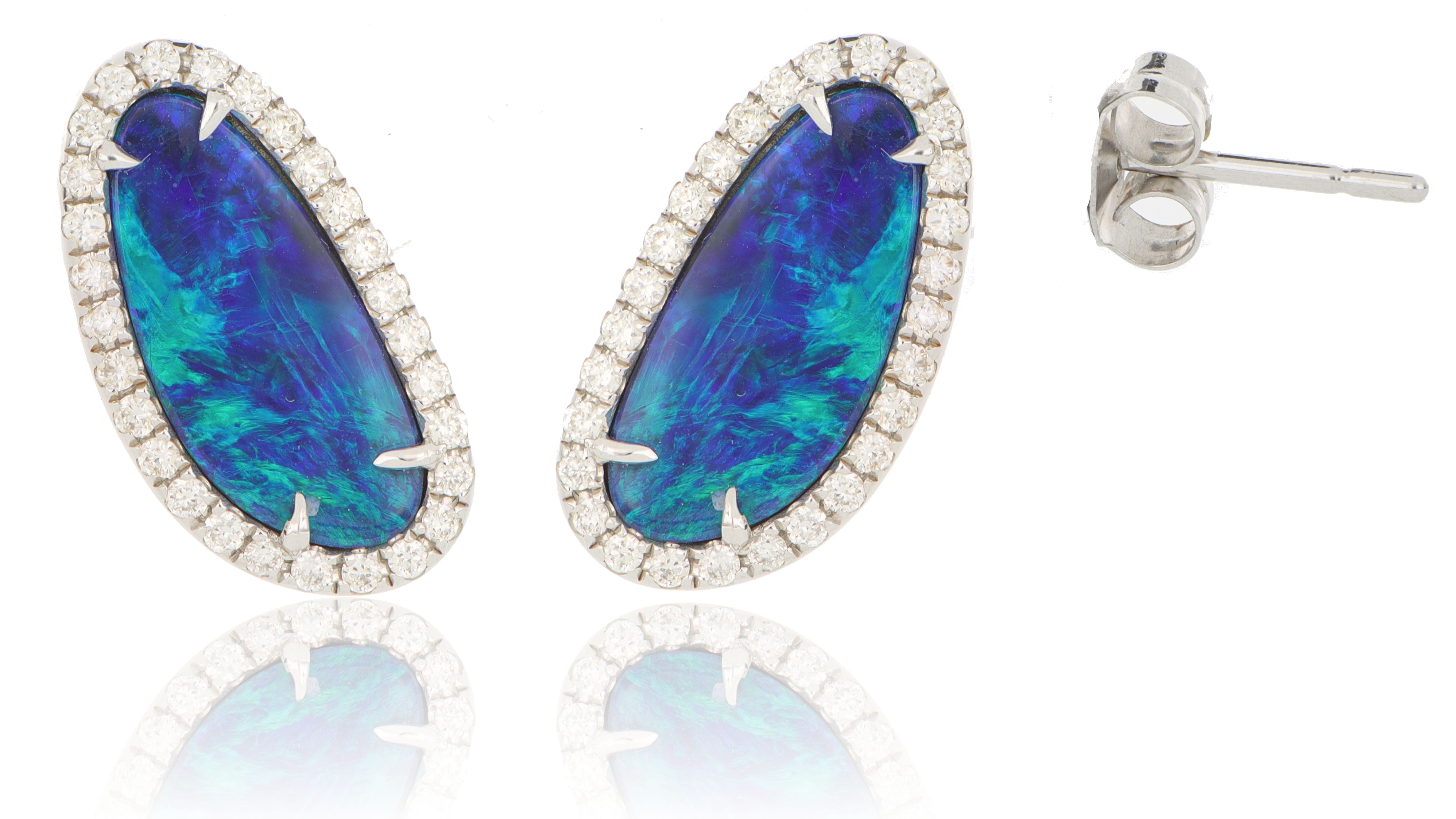 14k White Gold Diamond Halo Accented Freeform Opal Studs - Charles Koll Jewelers