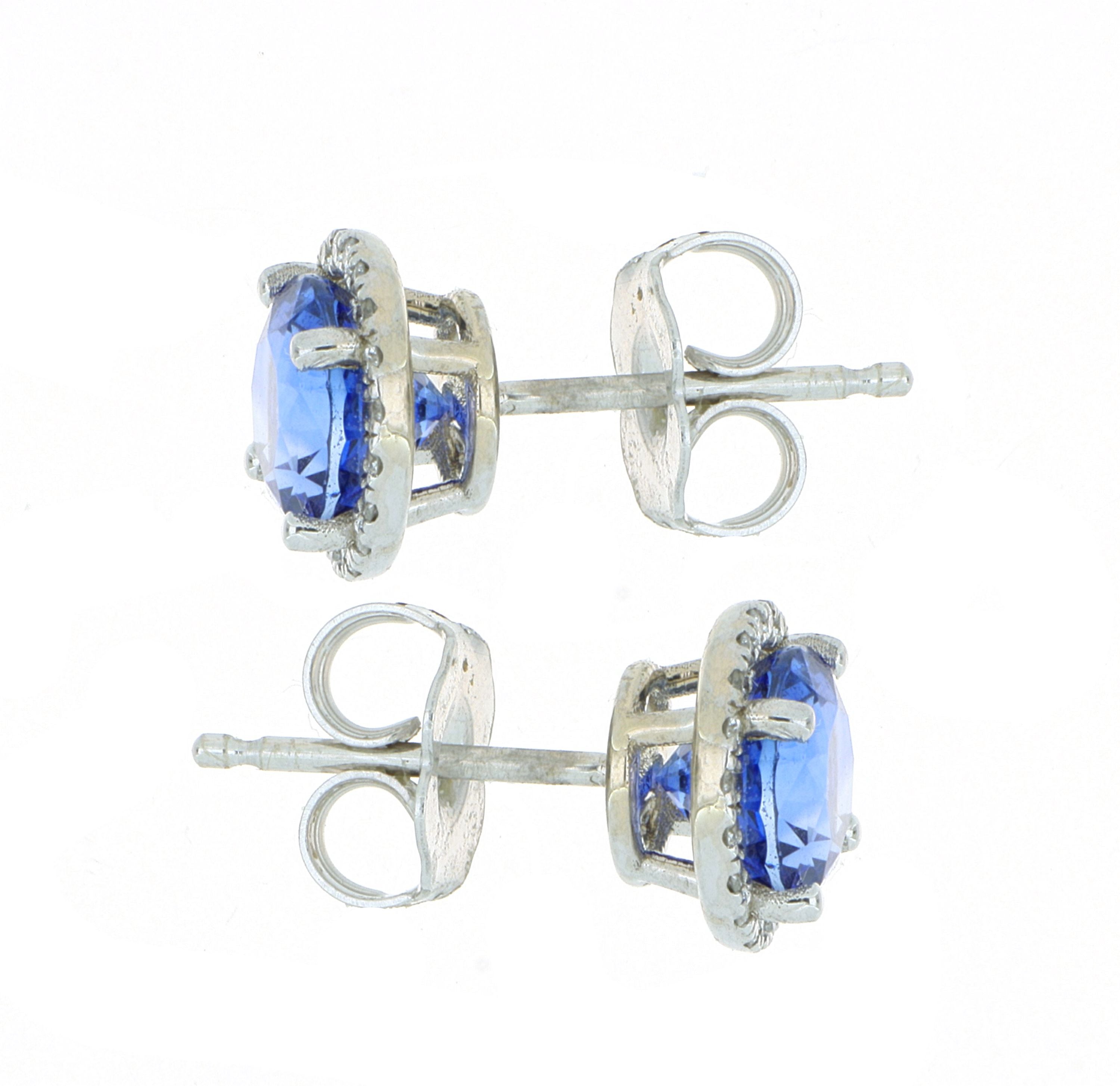 18k White Gold Blue Sapphire and Diamond Halo Stud Earrings - Charles Koll Jewelers