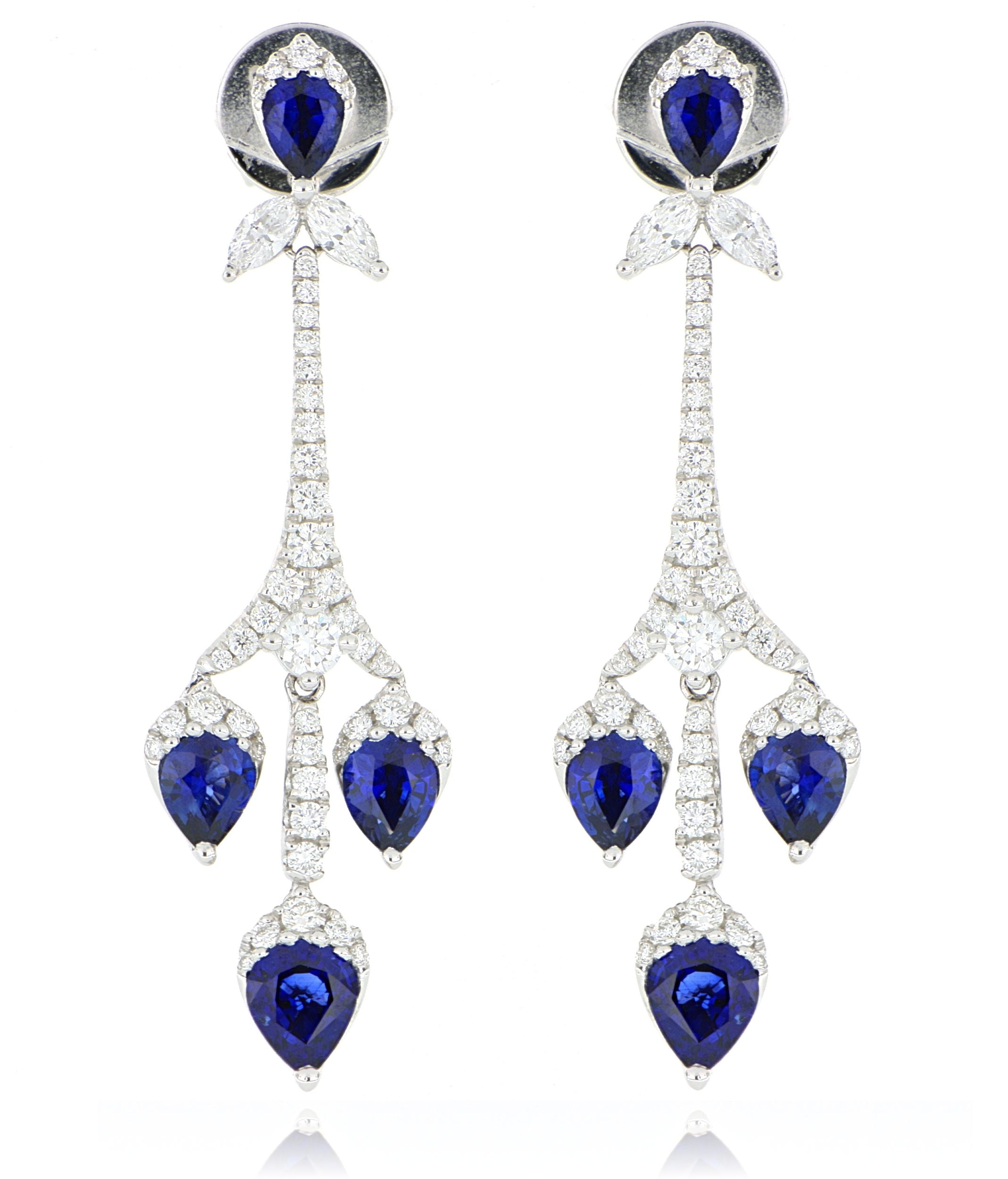 18k White Gold Diamond and Blue Sapphire Dangle Earrings
