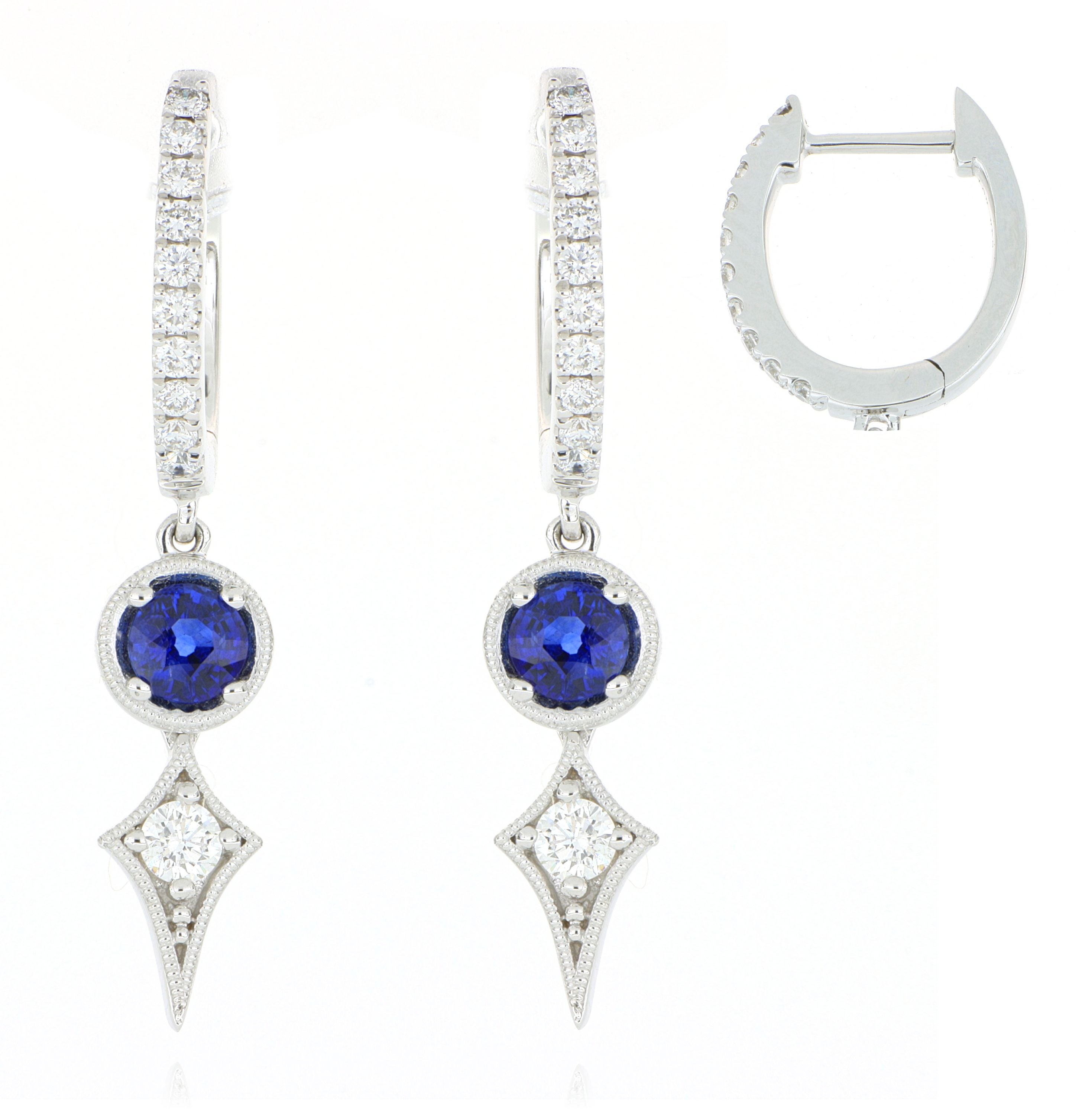 18k White Gold Blue Sapphire and Diamond Drop Earrings - Charles Koll Jewelers