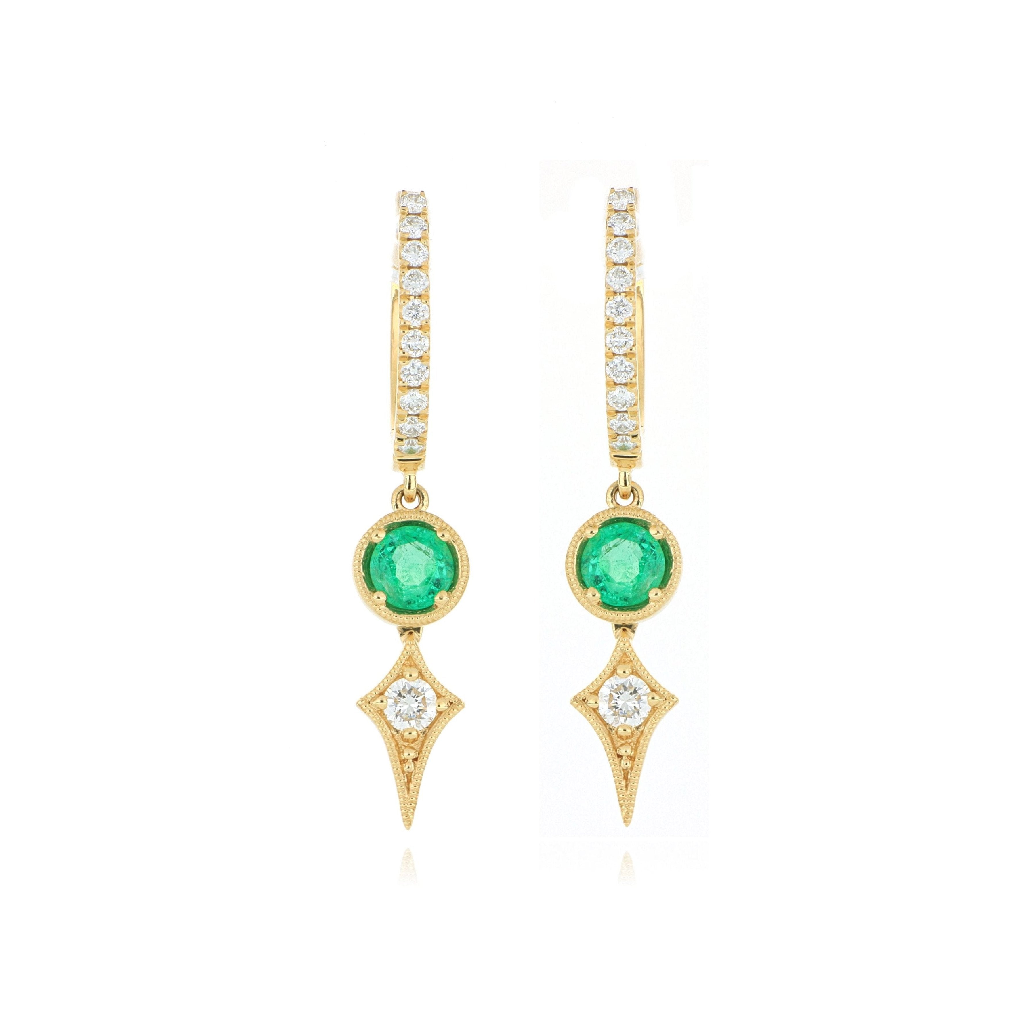 18k Yellow Gold Emerald and Diamond Drop Earrings