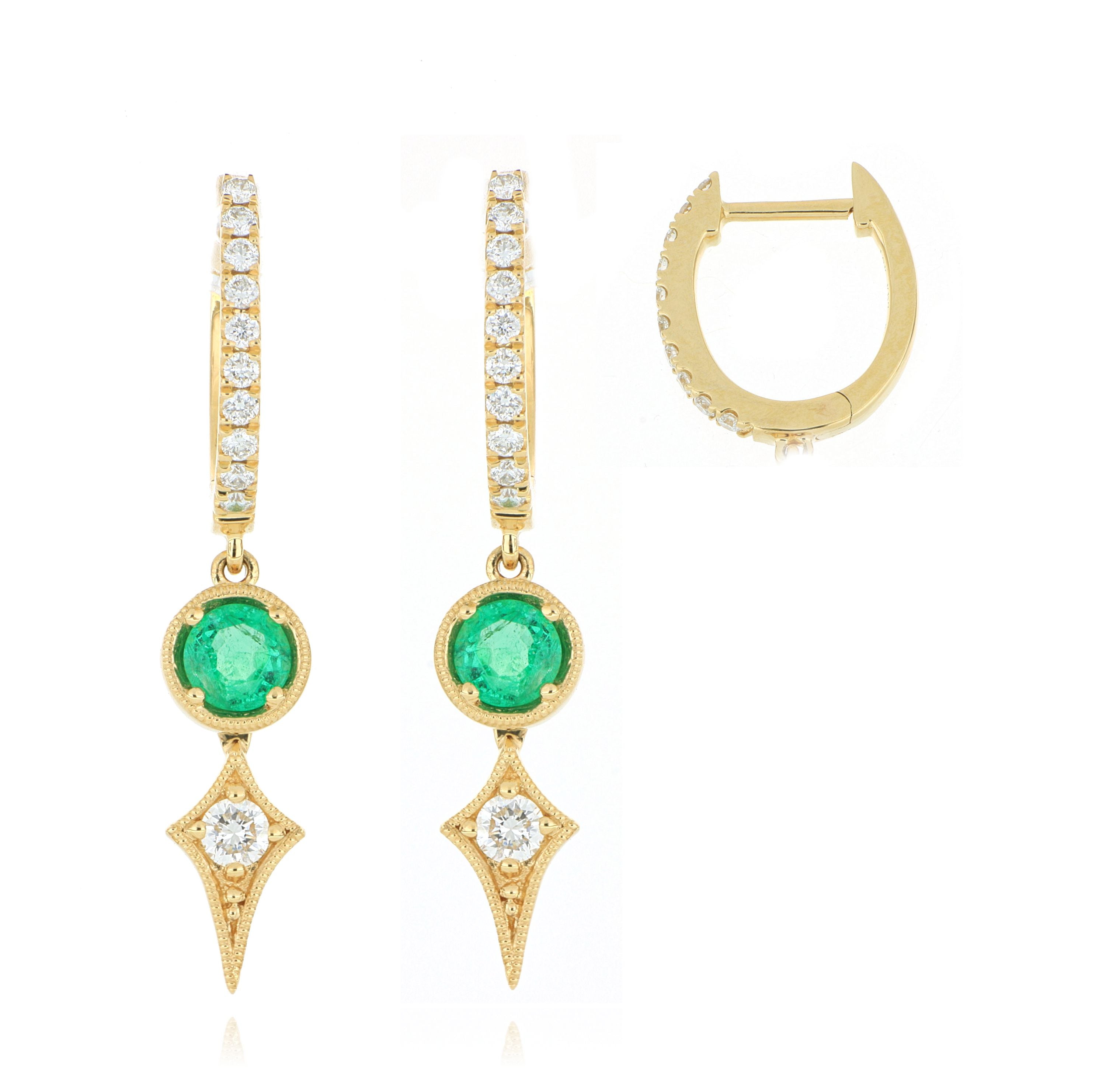 18k Yellow Gold Emerald and Diamond Drop Earrings - Charles Koll Jewelers