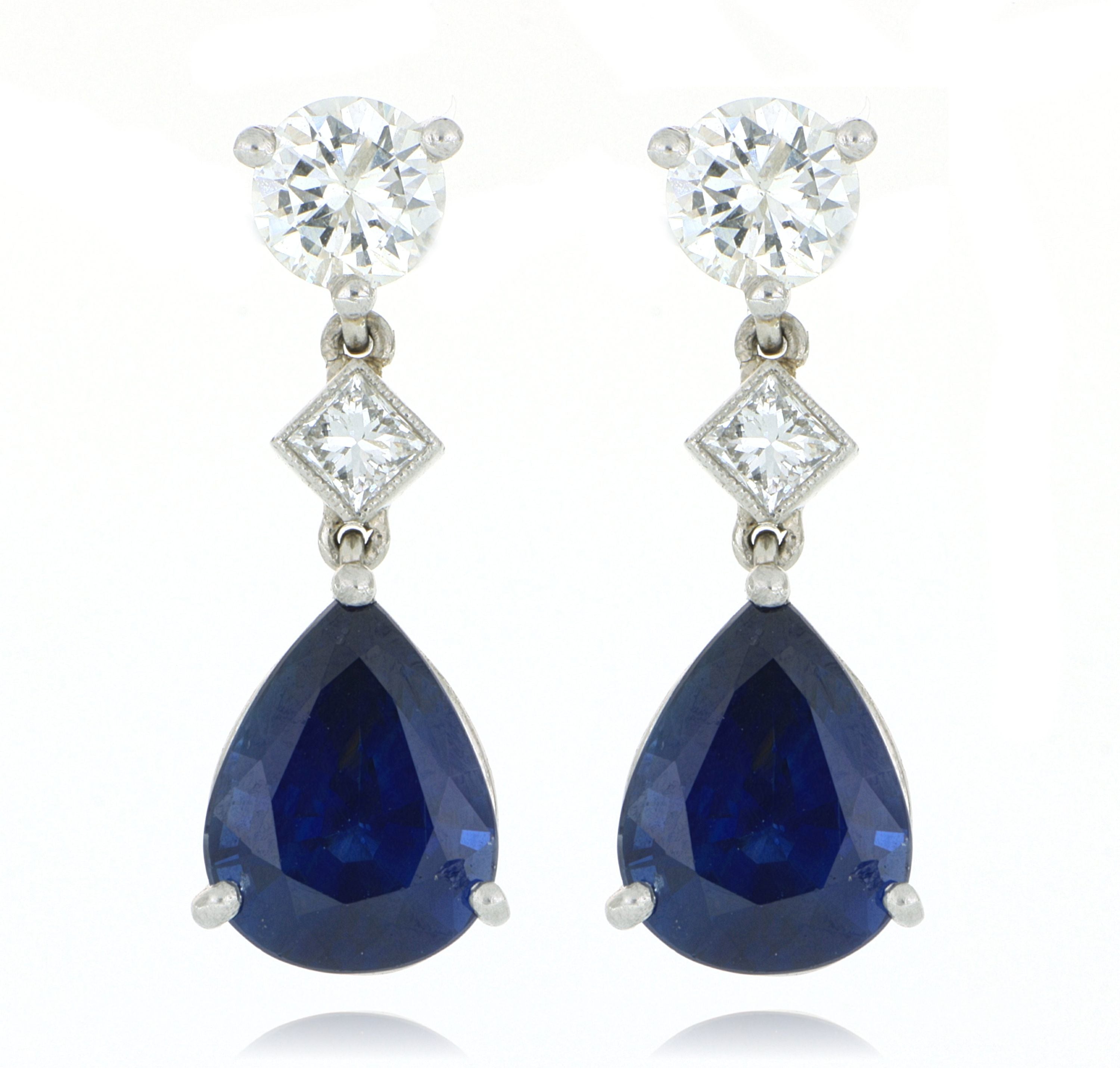 Platinum Diamond and Pear Shaped Blue Sapphire Drop Earrings - Charles Koll Jewelers