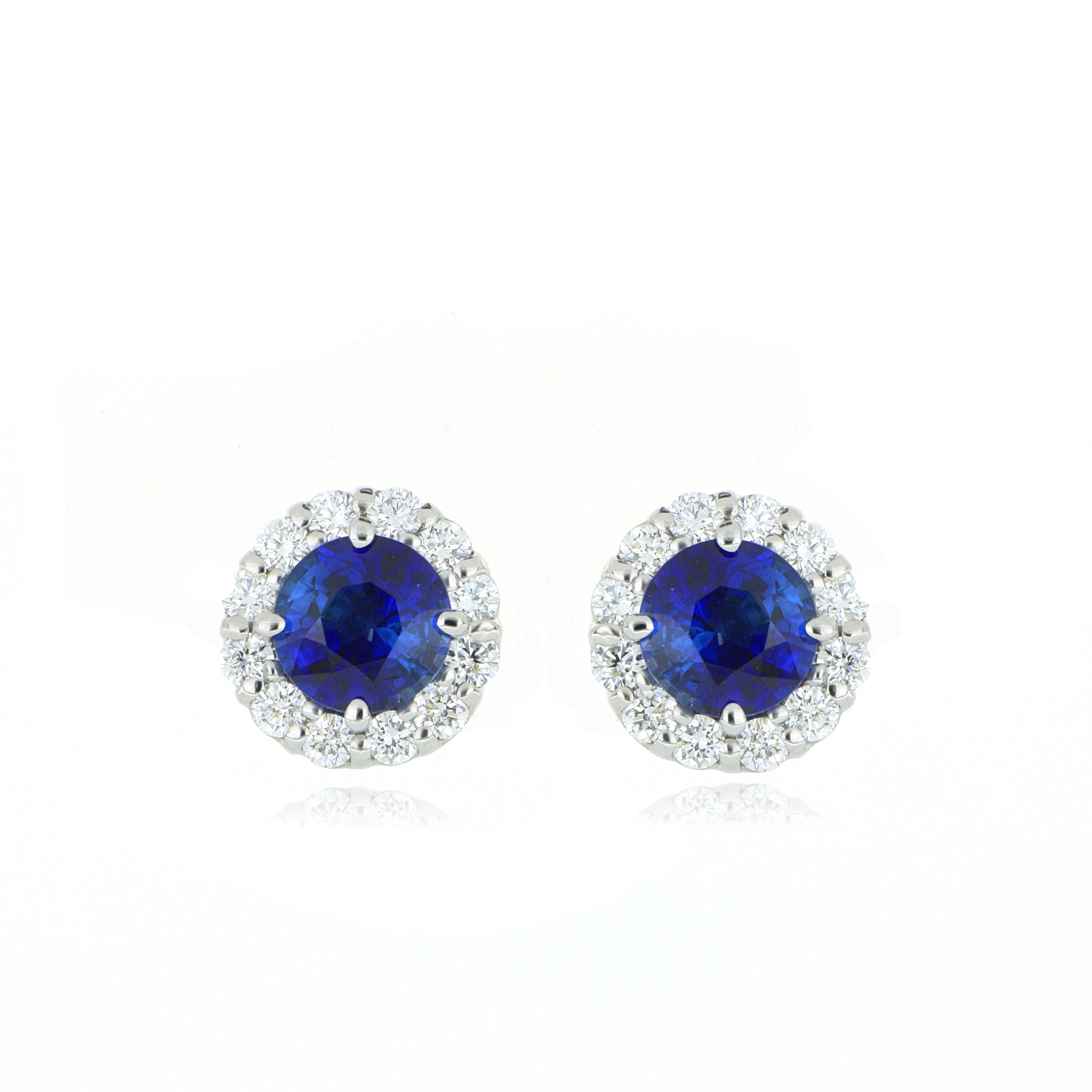 18k White Gold Blue Sapphire and Diamond Halo Stud Earrings