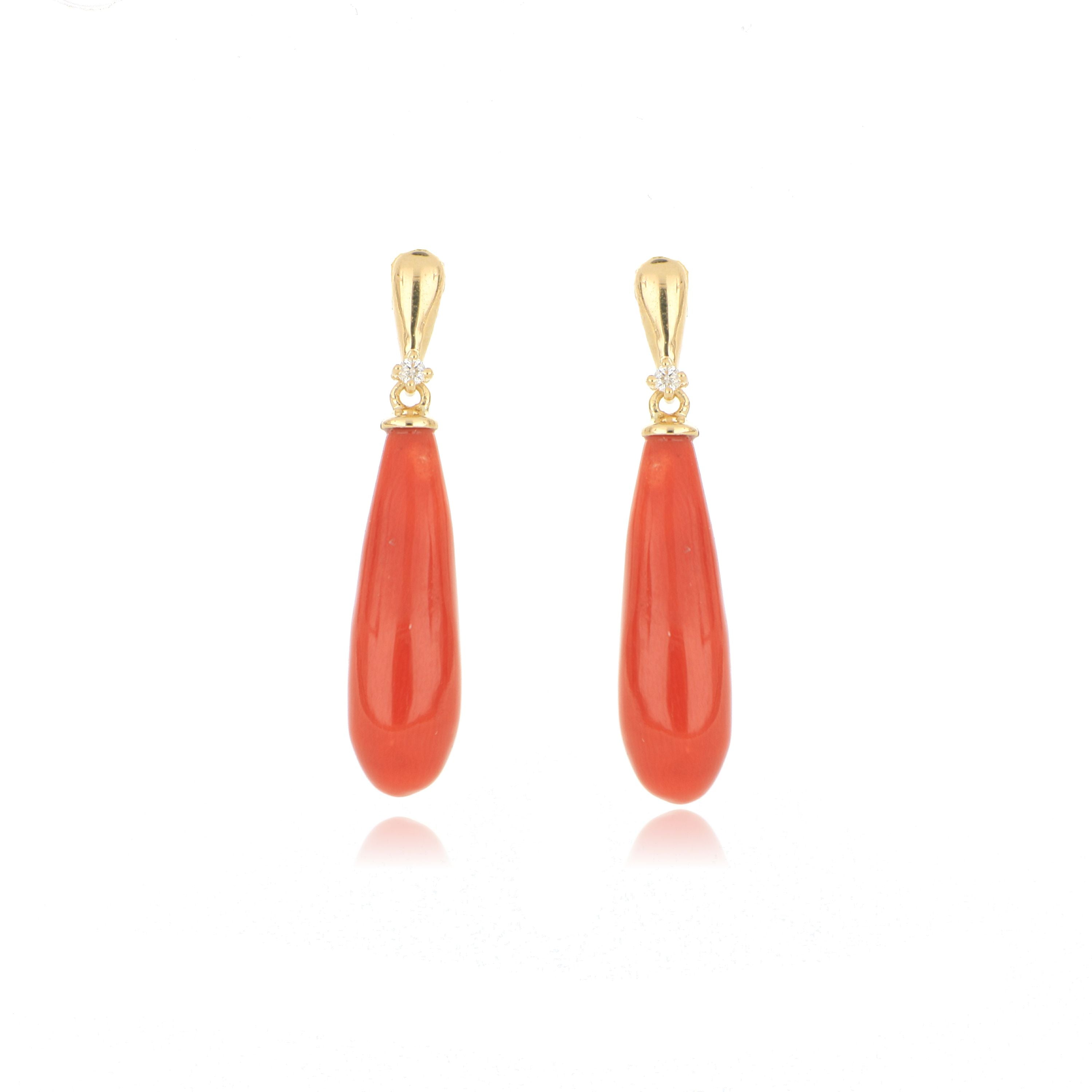 18k Yellow Gold Italian Coral and Diamond Accented Drop Earrings