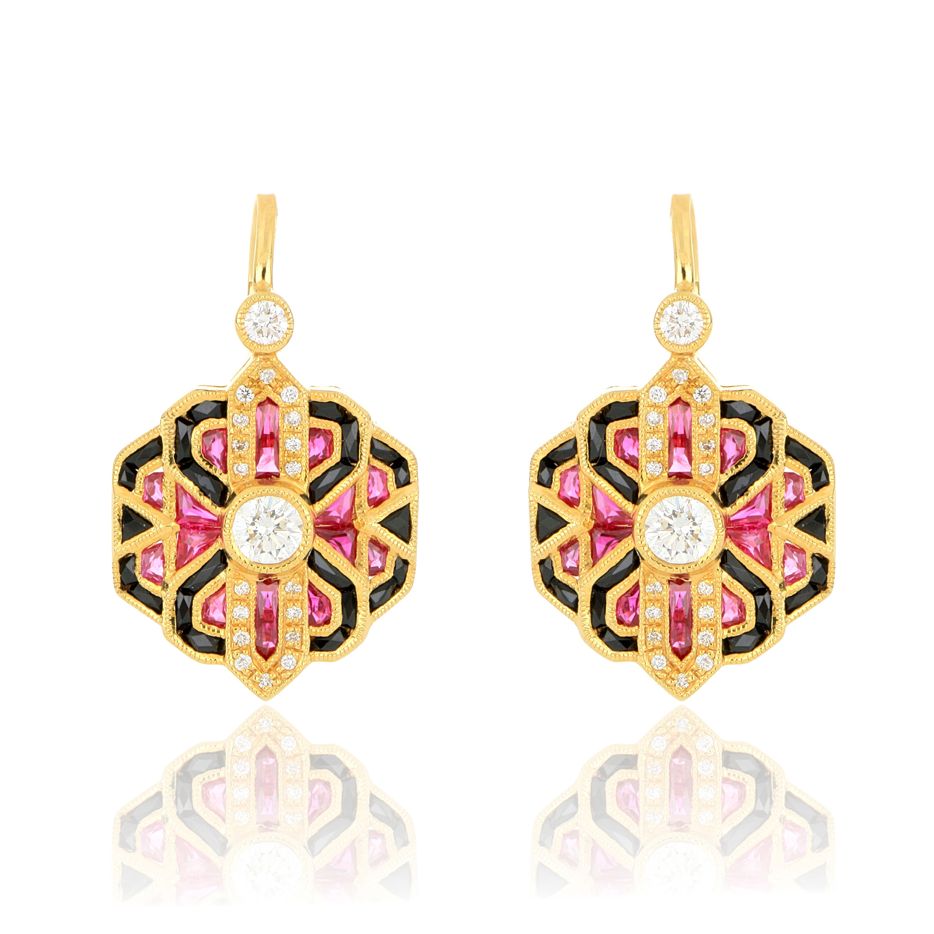 14k Yellow Gold Diamond, Ruby and Onyx Earrings